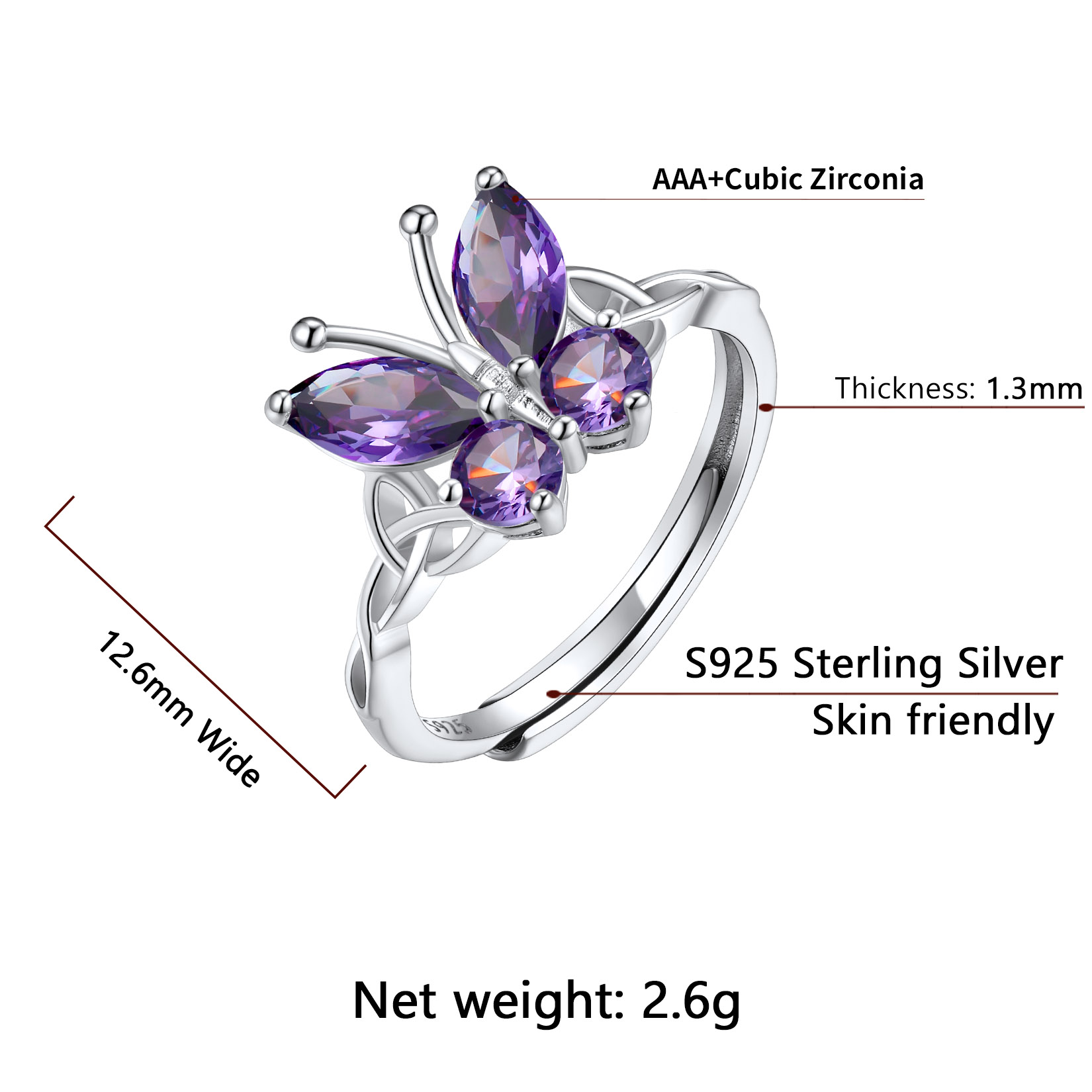 Sterling Silver ChicSilver Adjustable Celtic knot Cubic Zirconia Birthstone Butterfly Ring Details: Dimensions, Hypoallergenic, Adjustable size for 6~11
