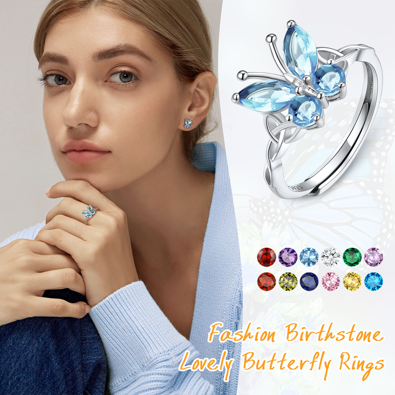 Adjustable Celtic knot Cubic Zirconia Birthstone Butterfly Ring