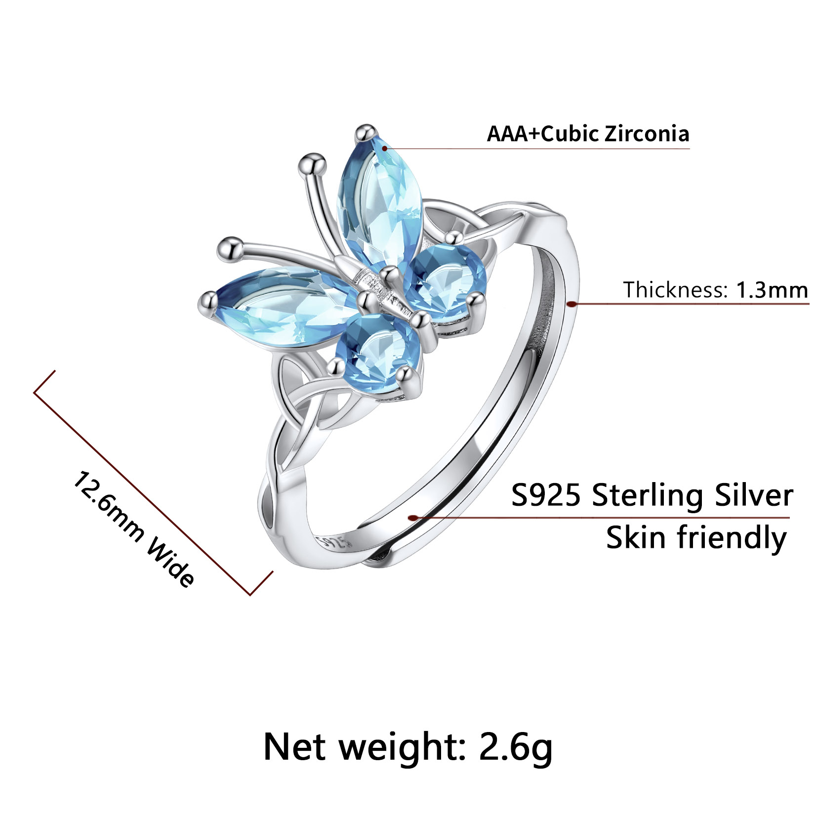 Sterling Silver ChicSilver Adjustable Celtic knot Cubic Zirconia Birthstone Butterfly Ring Details: Dimensions, Hypoallergenic, Adjustable size for 6~11