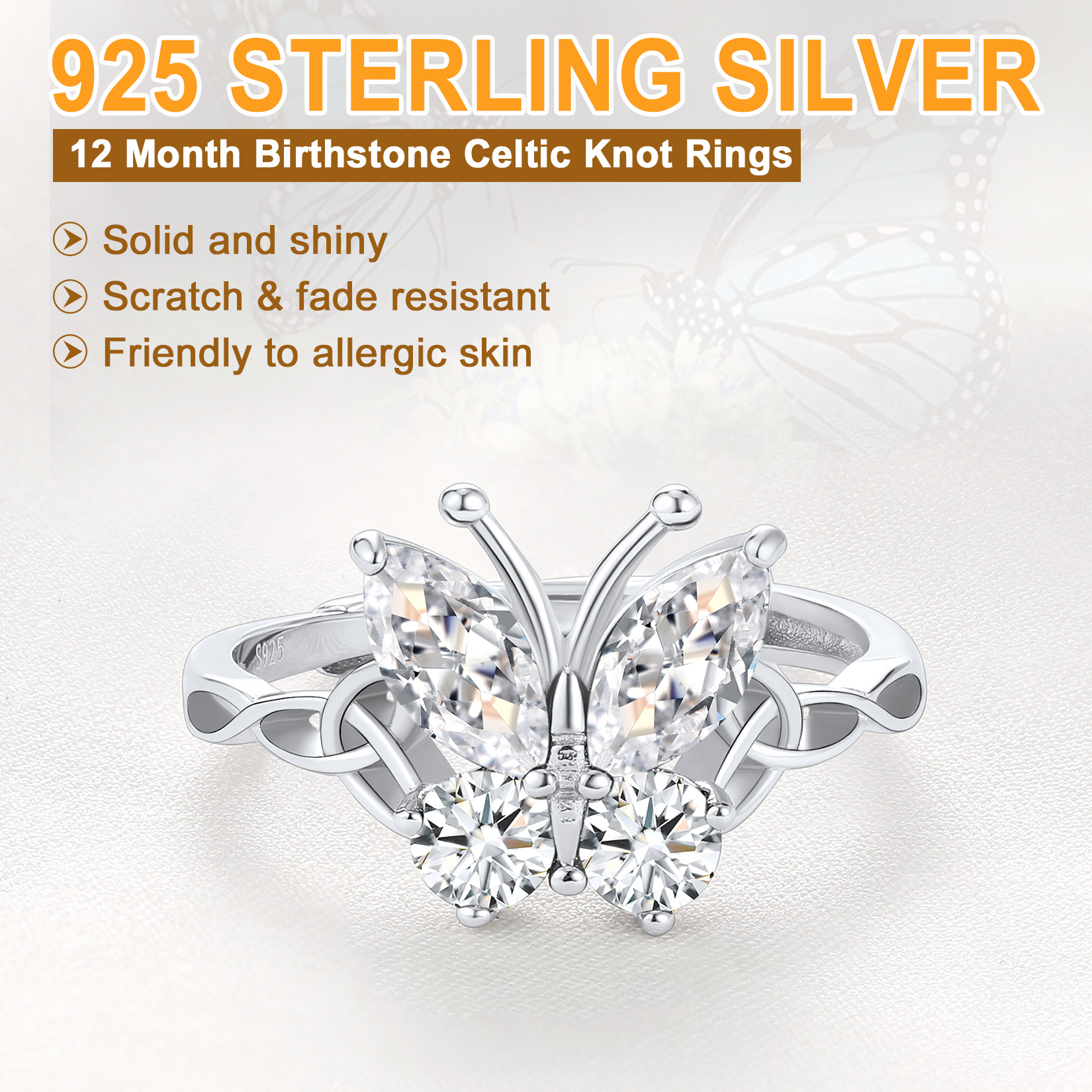 Sterling Silver ChicSilver Adjustable Celtic knot Cubic Zirconia Birthstone Butterfly Ring