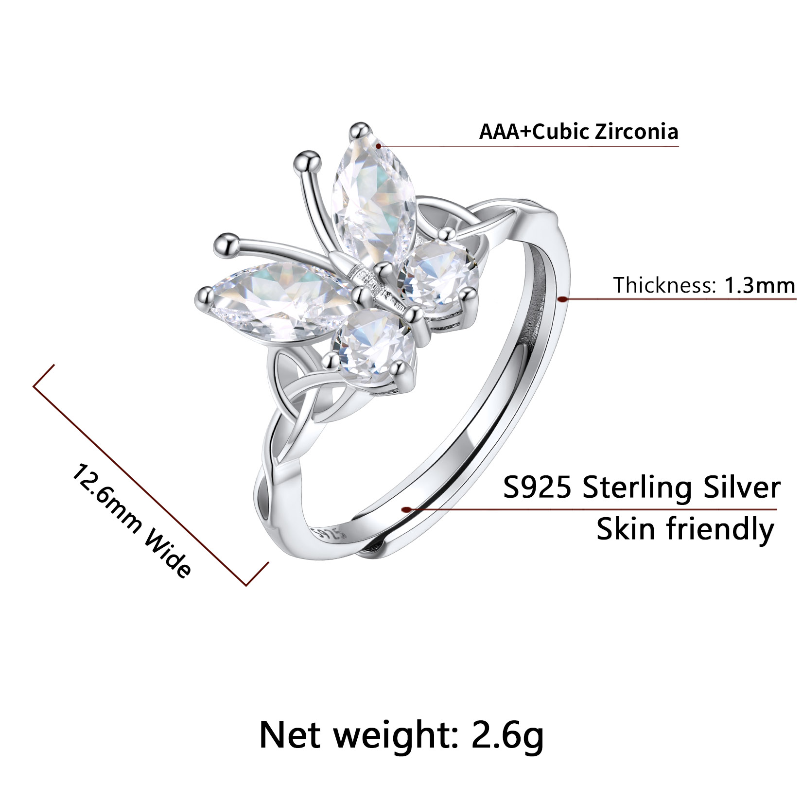 Sterling Silver ChicSilver Adjustable Celtic knot Cubic Zirconia Birthstone Butterfly Ring Details: Dimensions, Hypoallergenic, Adjustable size for 6~11