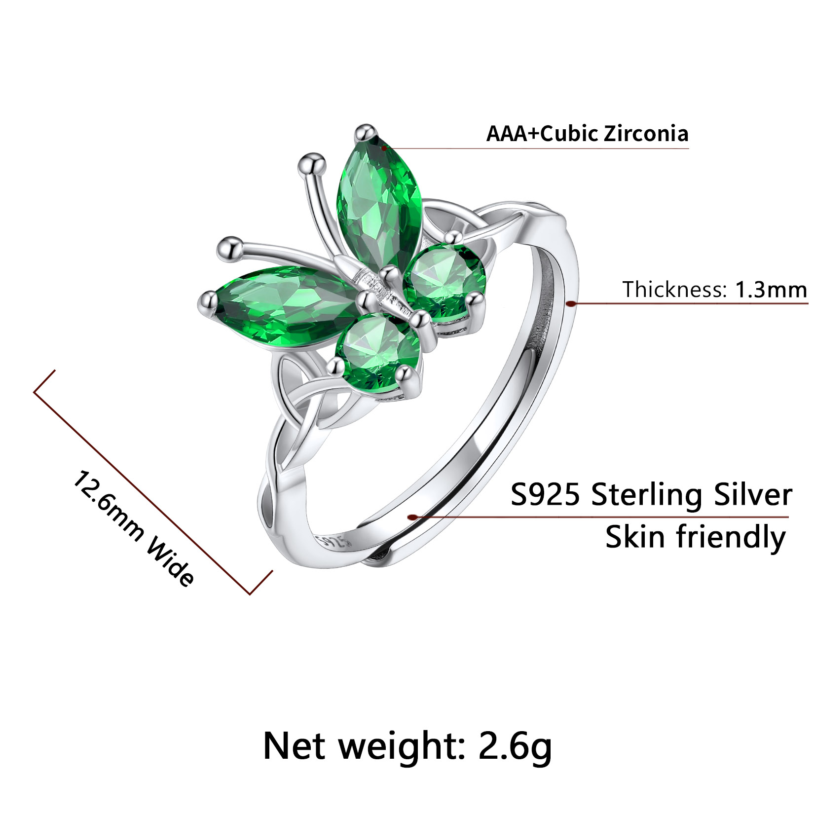 Sterling Silver ChicSilver Adjustable Celtic knot Cubic Zirconia Birthstone Butterfly Ring Details: Dimensions, Hypoallergenic, Adjustable size for 6~11