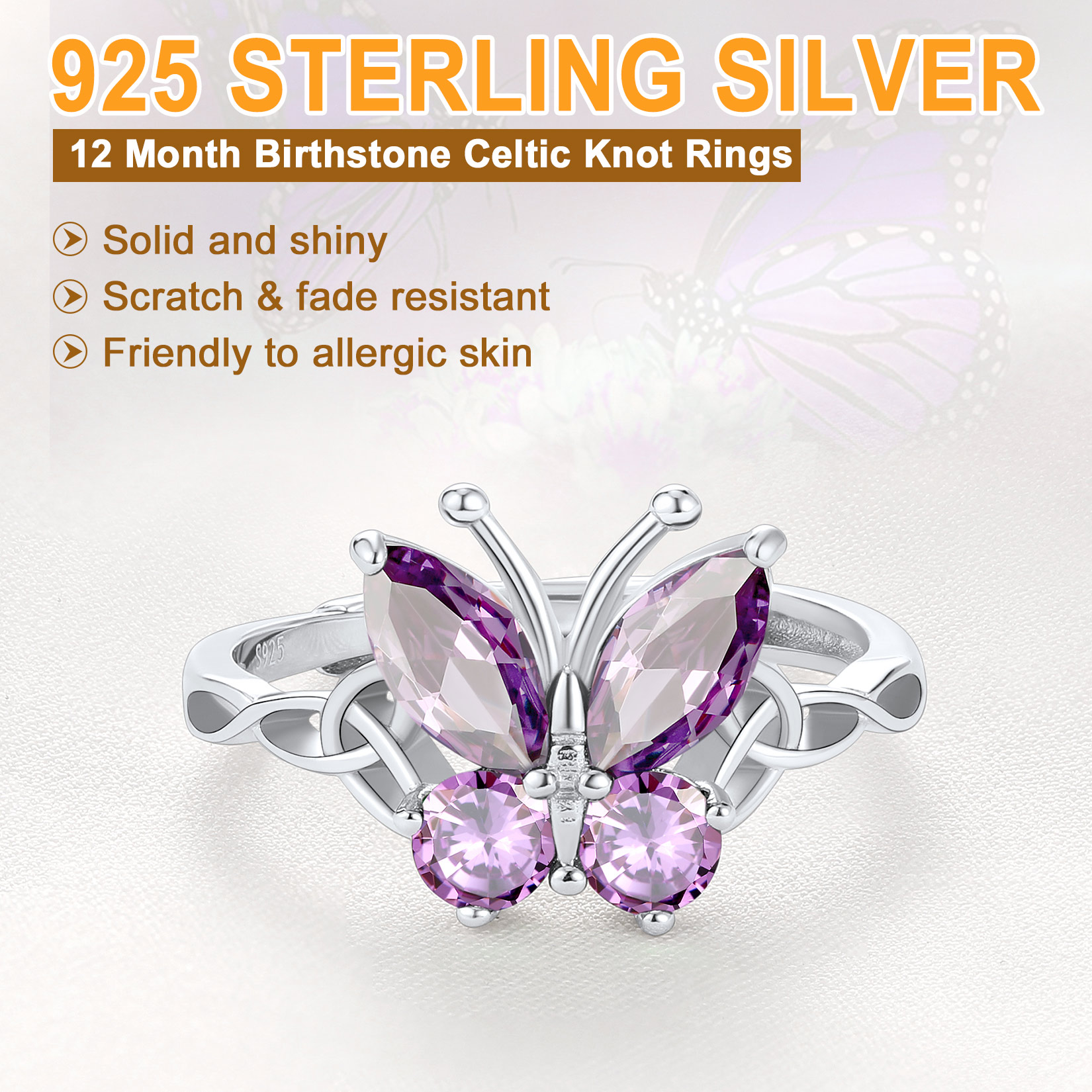 Sterling Silver ChicSilver Adjustable Celtic knot Cubic Zirconia Birthstone Butterfly Ring