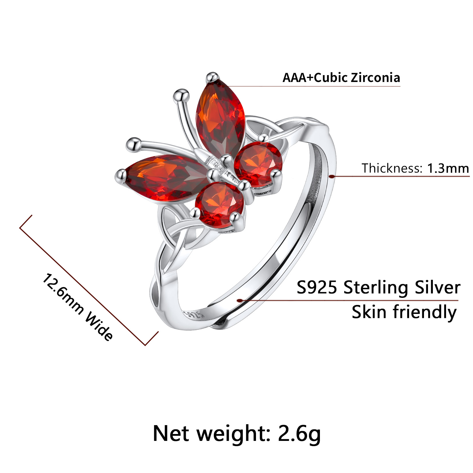 Sterling Silver ChicSilver Adjustable Celtic knot Cubic Zirconia Birthstone Butterfly Ring Details: Dimensions, Hypoallergenic, Adjustable size for 6~11