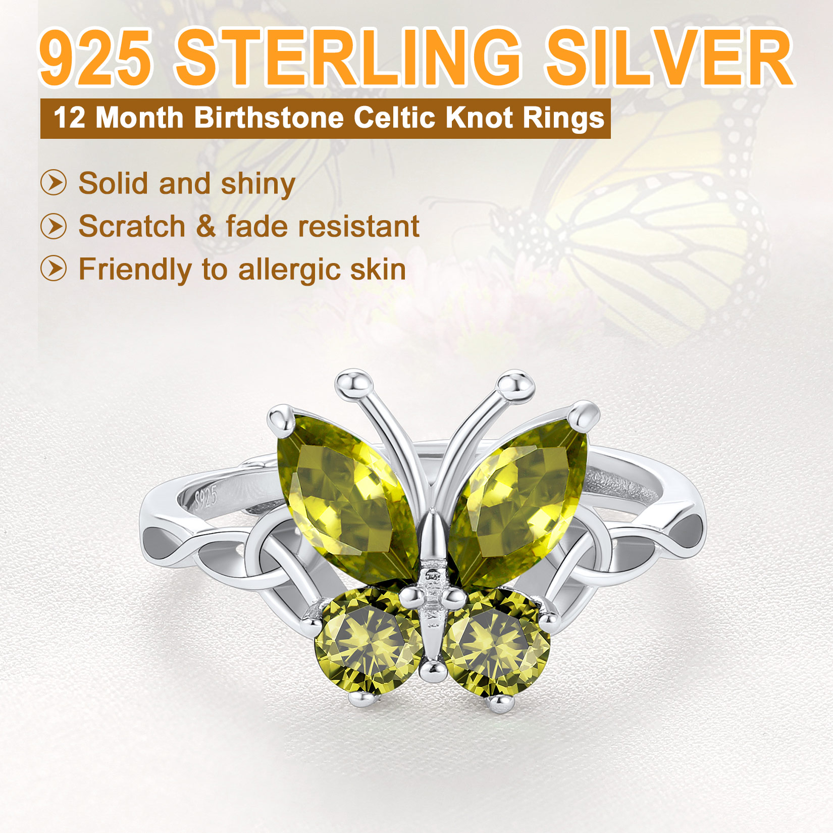Sterling Silver ChicSilver Adjustable Celtic knot Cubic Zirconia Birthstone Butterfly Ring
