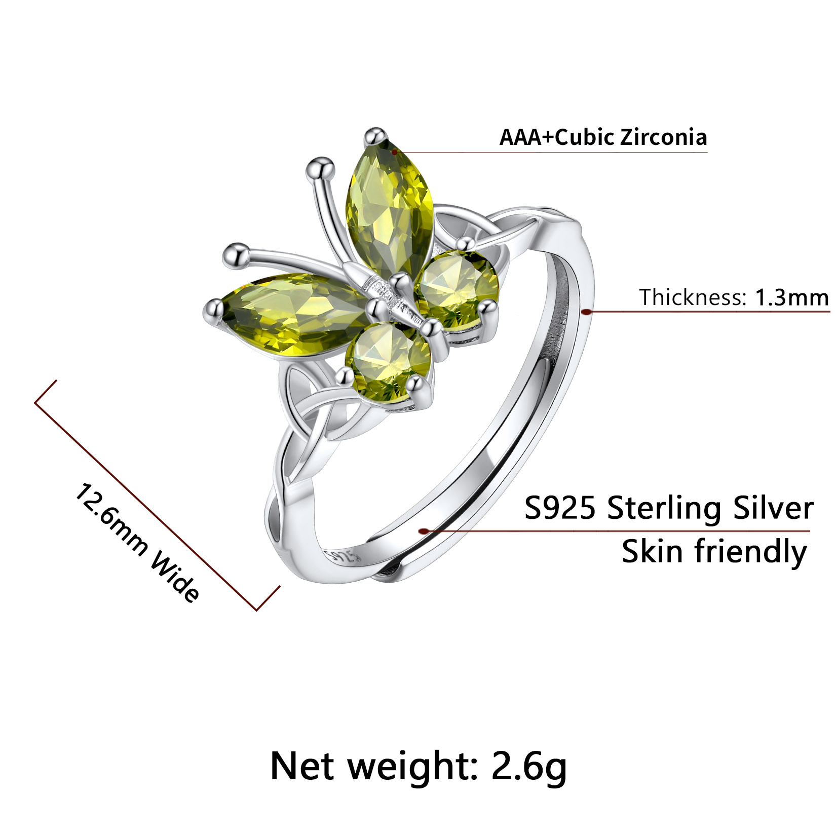 Sterling Silver ChicSilver Adjustable Celtic knot Cubic Zirconia Birthstone Butterfly Ring Details: Dimensions, Hypoallergenic, Adjustable size for 6~11