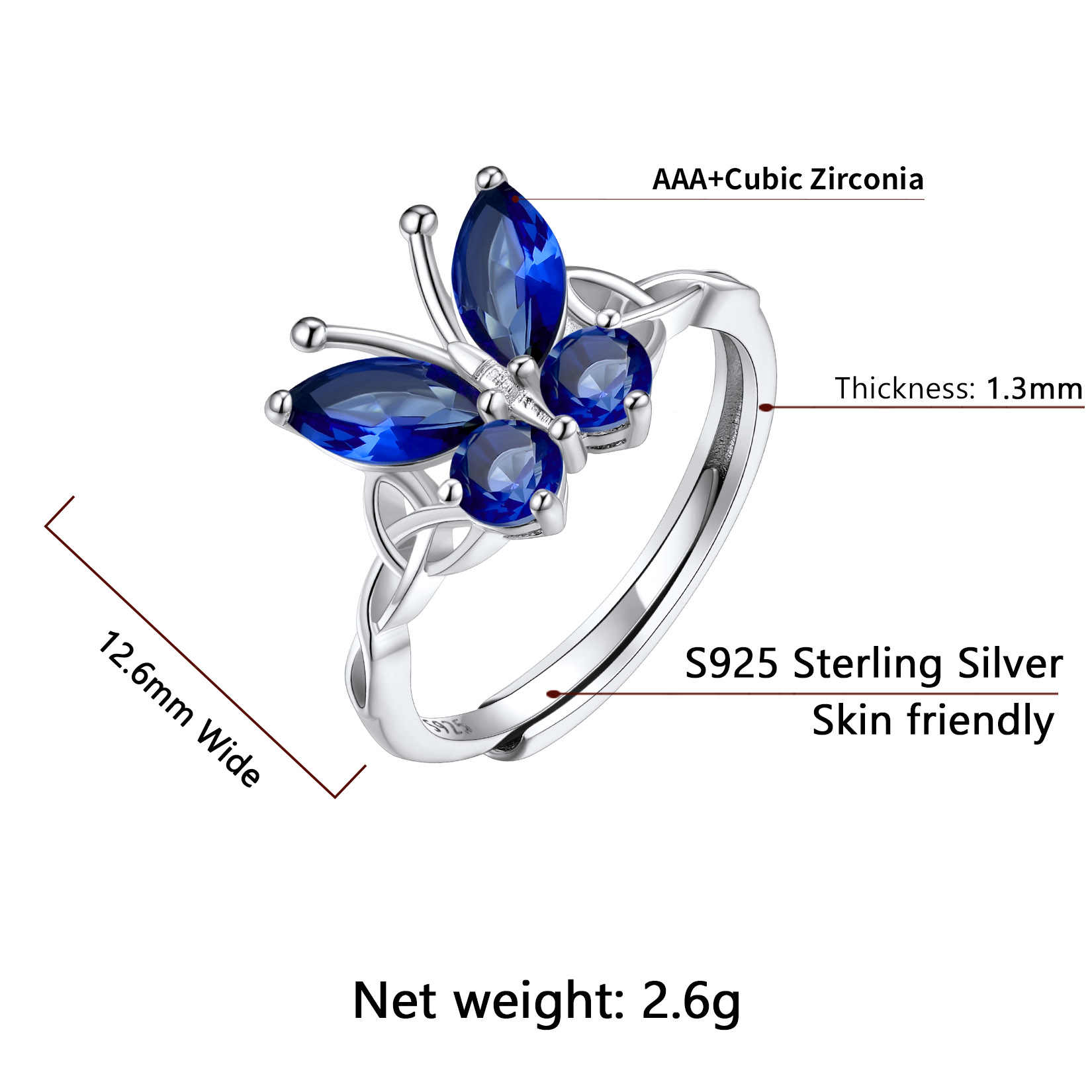 Sterling Silver ChicSilver Adjustable Celtic knot Cubic Zirconia Birthstone Butterfly Ring Details: Dimensions, Hypoallergenic, Adjustable size for 6~11