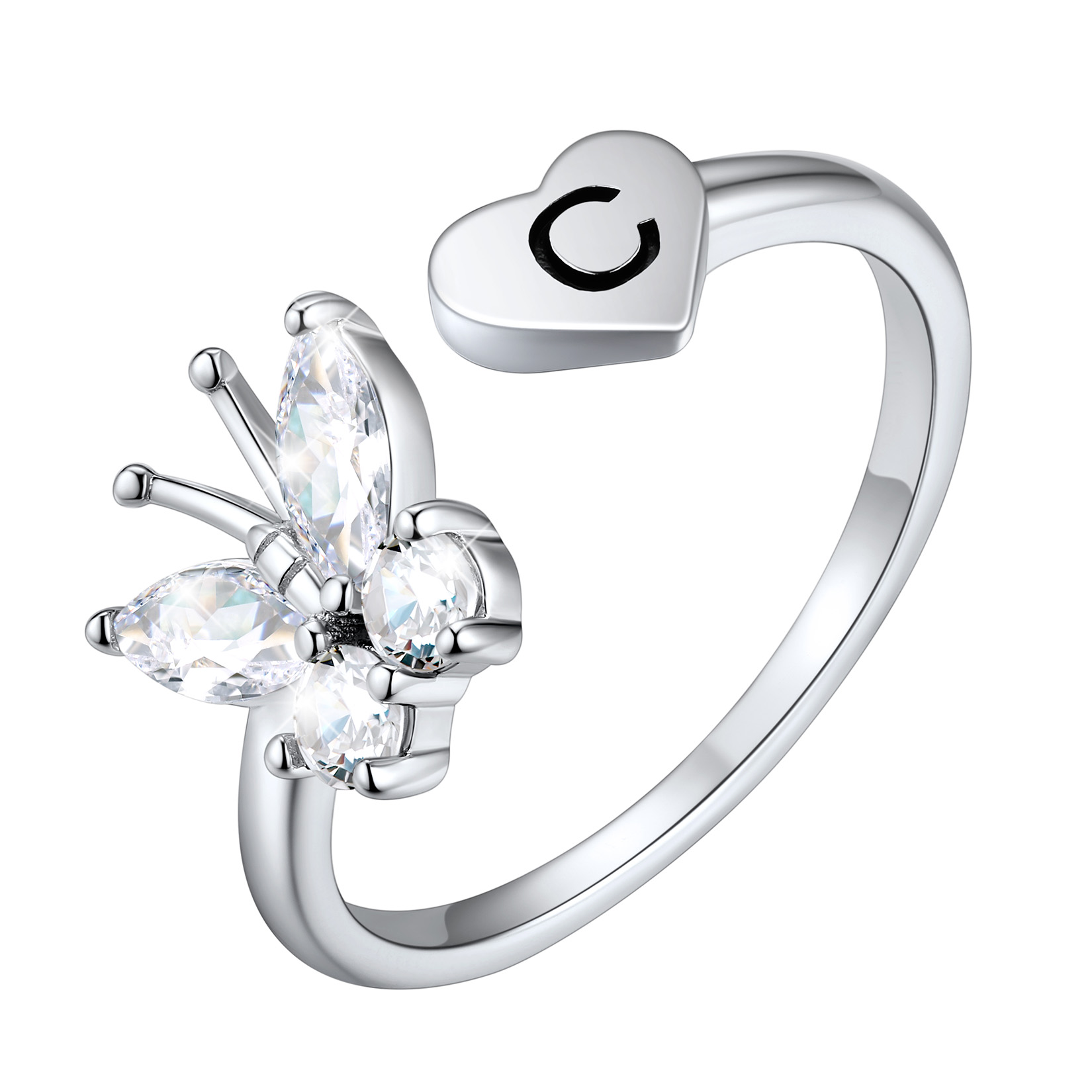Customize Personalized Sterling Silver Butterfly Heart Initial Adjustable Ring For Her