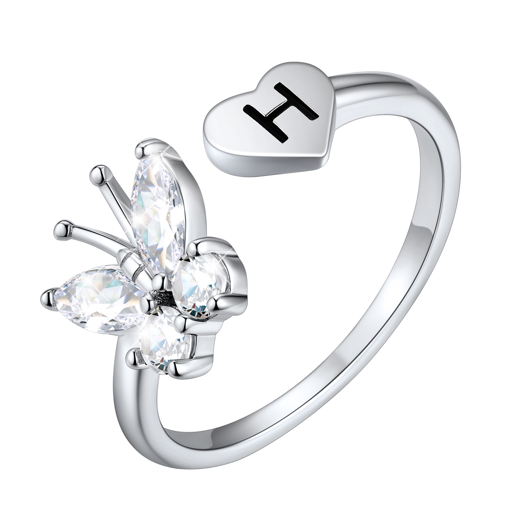 Customize Personalized Sterling Silver Butterfly Heart Initial Adjustable Ring For Her