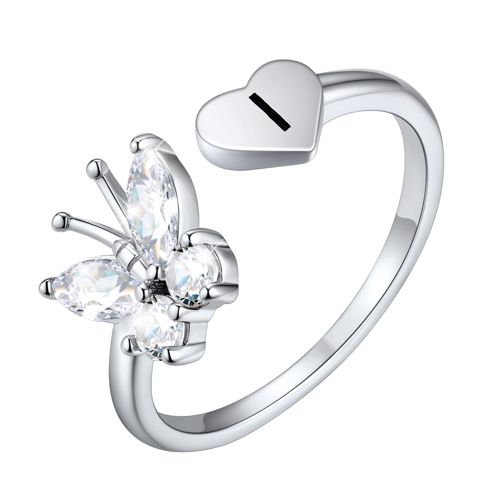 Customize Personalized Sterling Silver Butterfly Heart Initial Adjustable Ring For Her