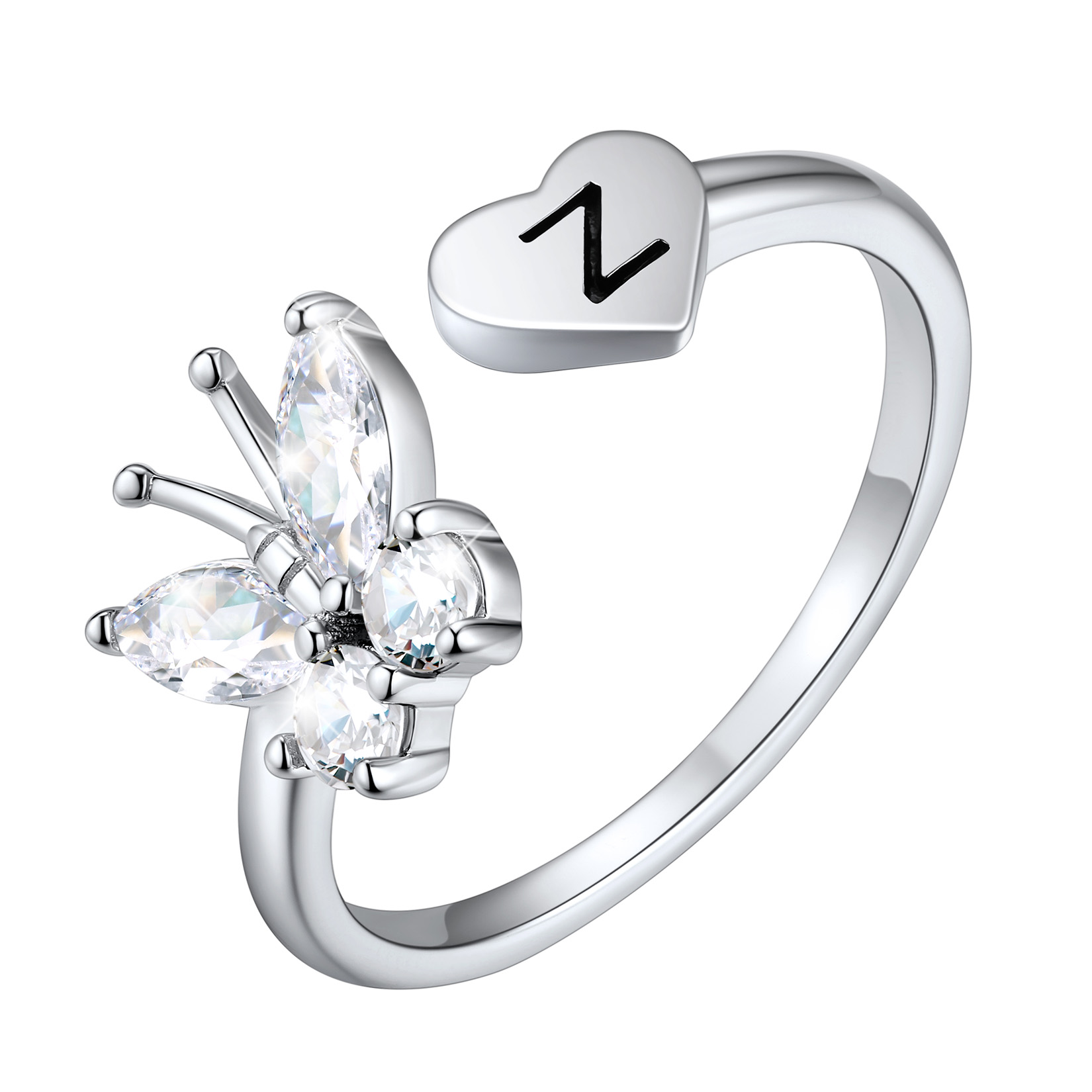 Customize Personalized Sterling Silver Butterfly Heart Initial Adjustable Ring For Her