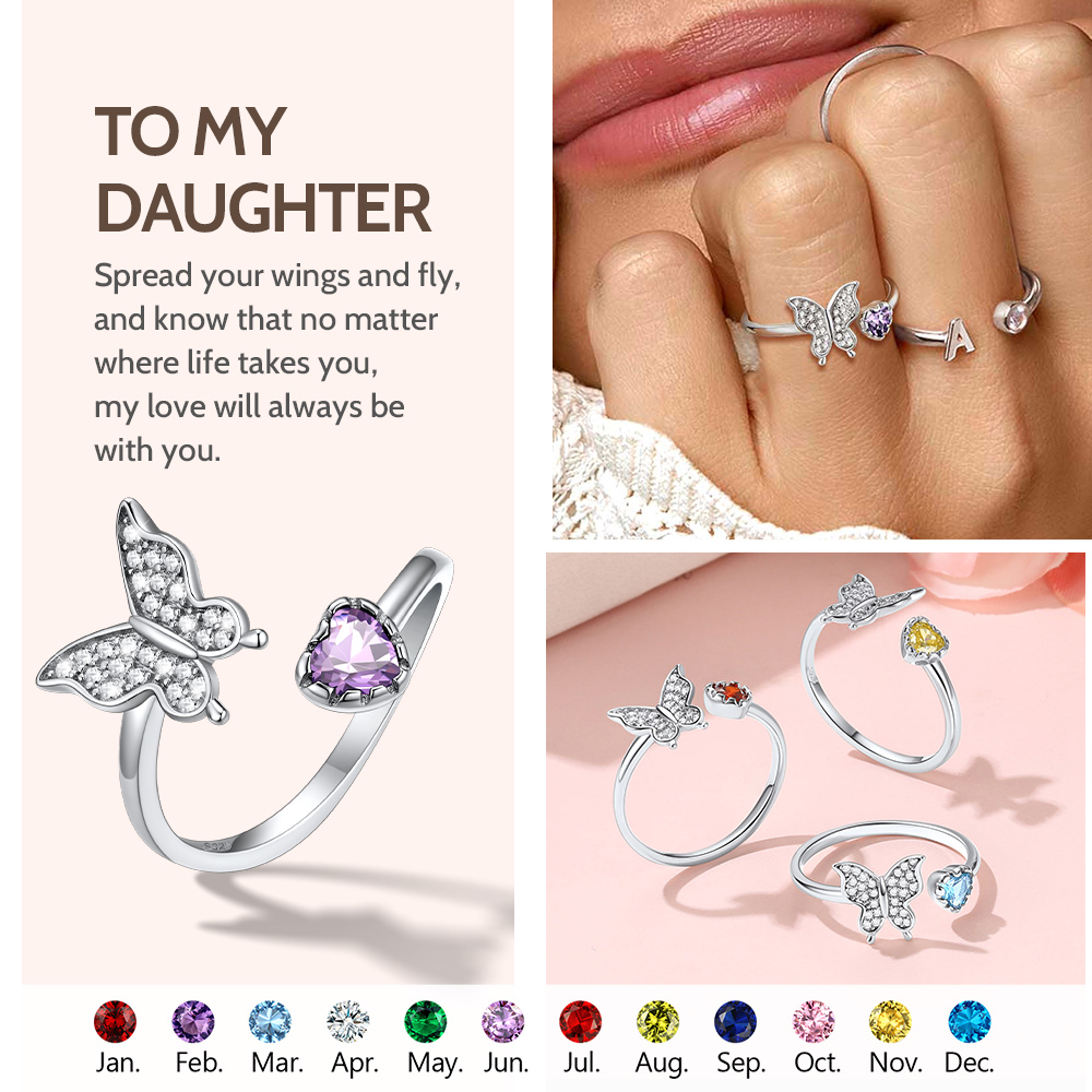 Butterfly & Heart Birthstone Cubic Zirconia Adjustable Rings in Different Month Colors