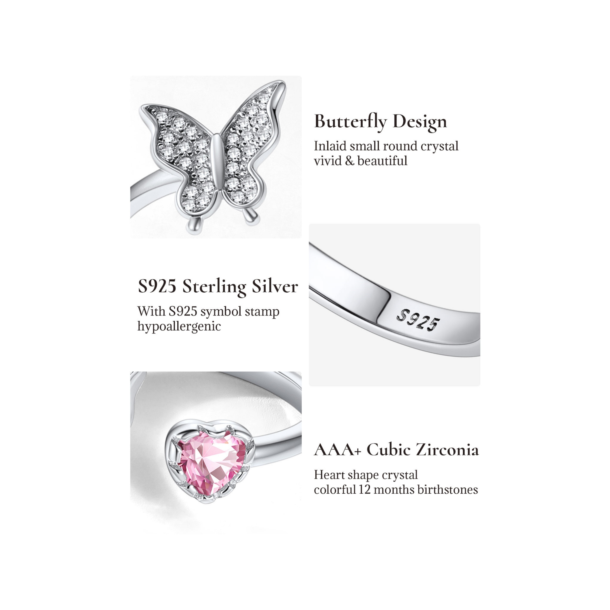 Sterling Silver Butterfly & Heart Birthstone Cubic Zirconia Adjustable Rings