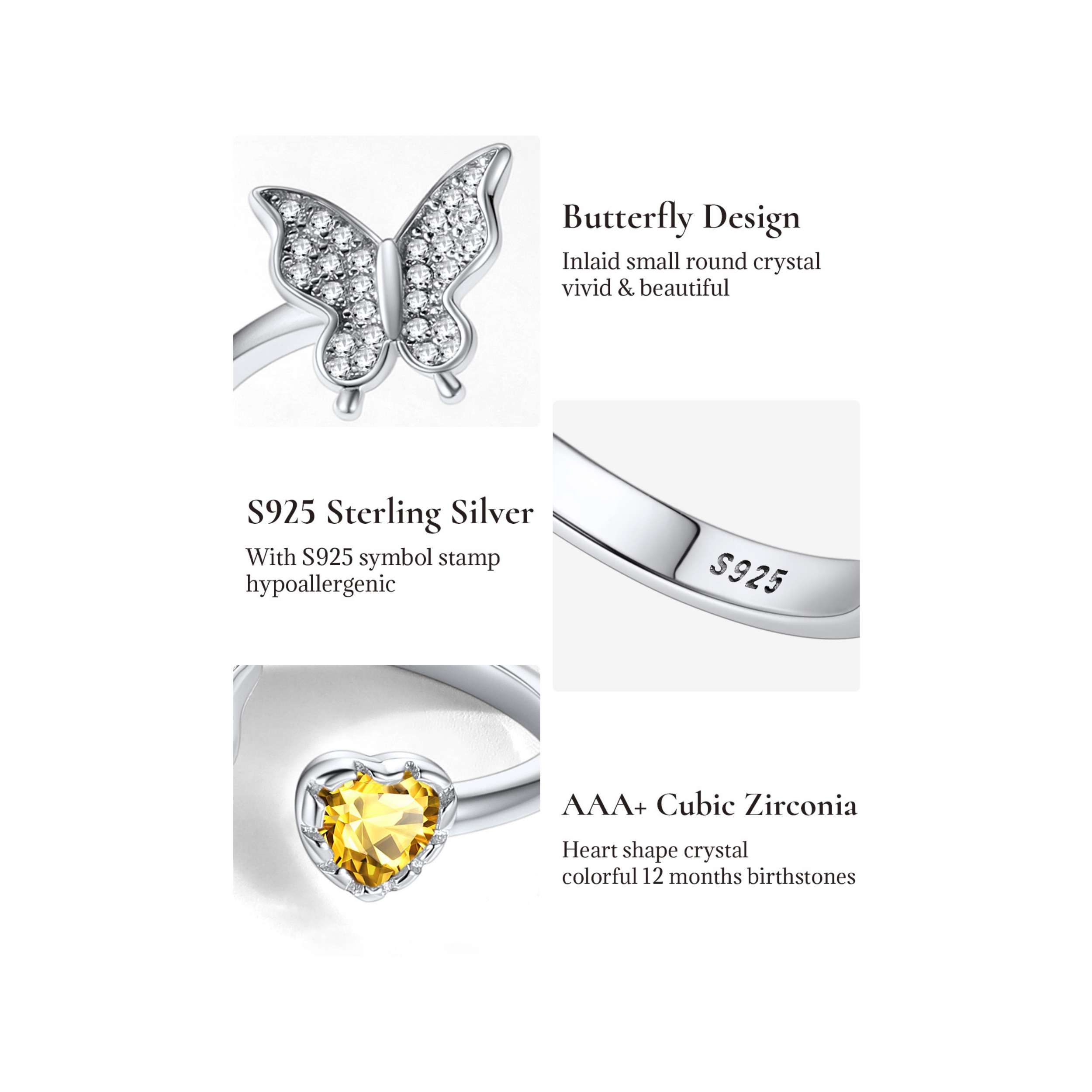 Sterling Silver Butterfly & Heart Birthstone Cubic Zirconia Adjustable Rings
