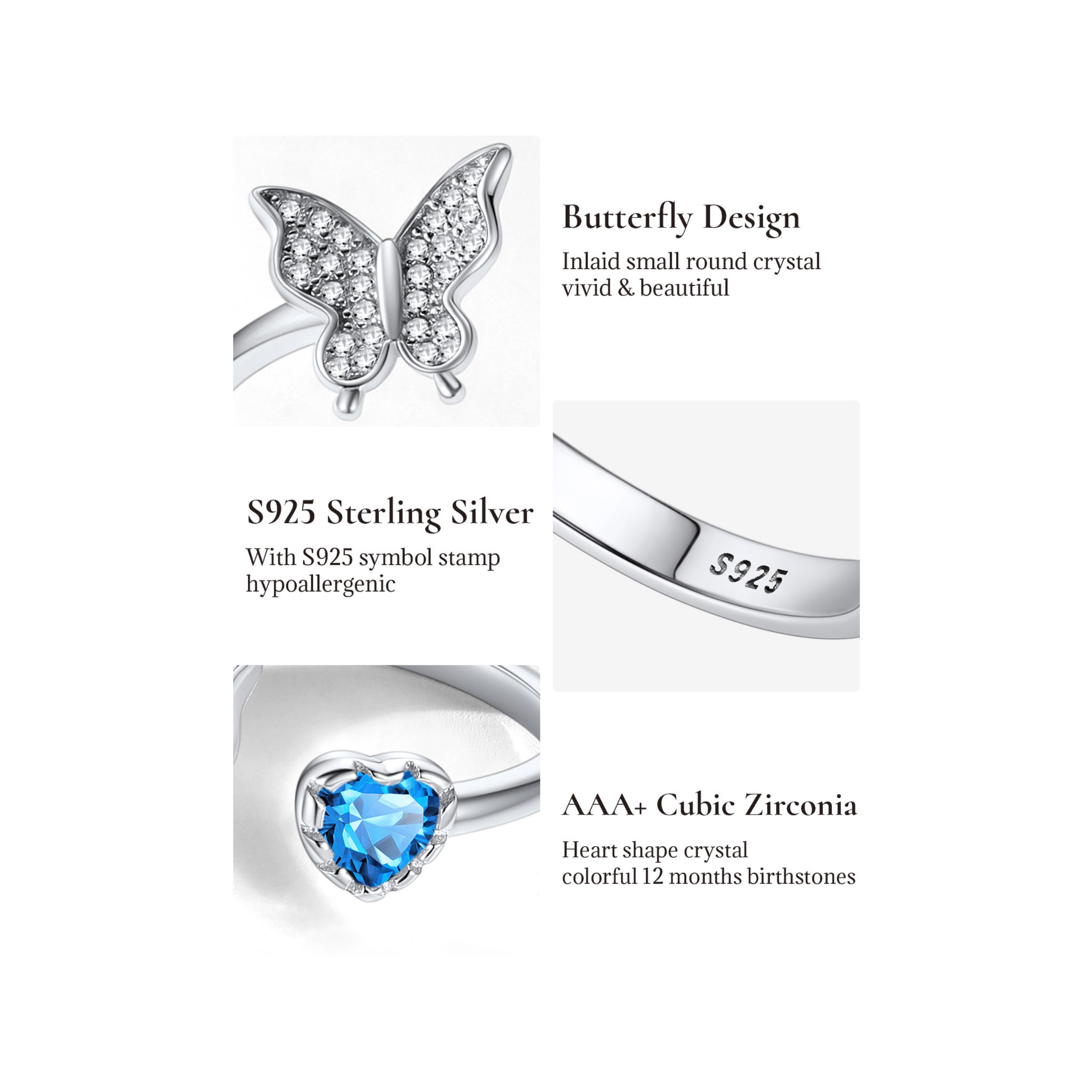 Sterling Silver Butterfly & Heart Birthstone Cubic Zirconia Adjustable Rings