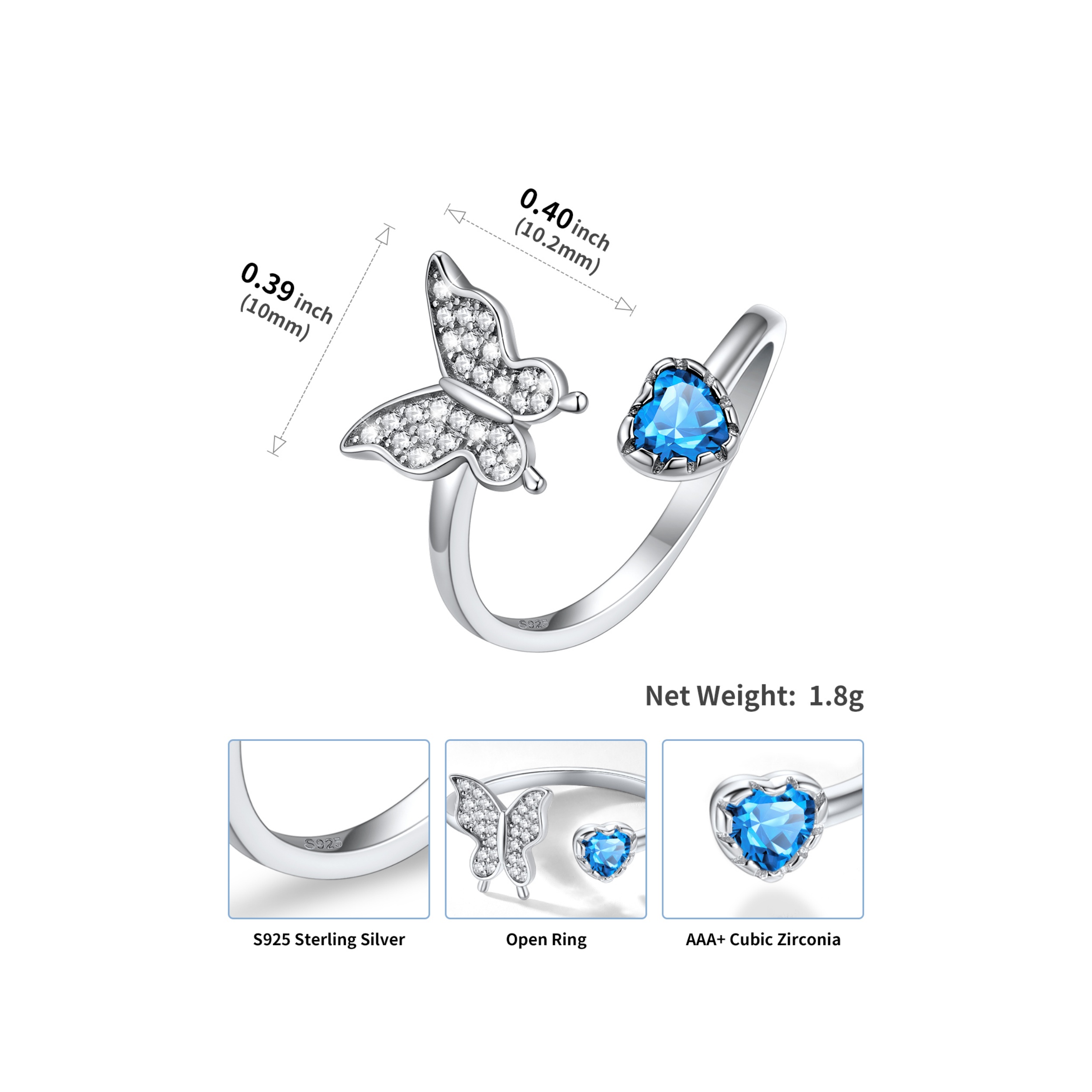 Butterfly & Heart Birthstone Cubic Zirconia Adjustable Rings Details: Dimensions, Hypoallergenic, Adjustable size for 6~11