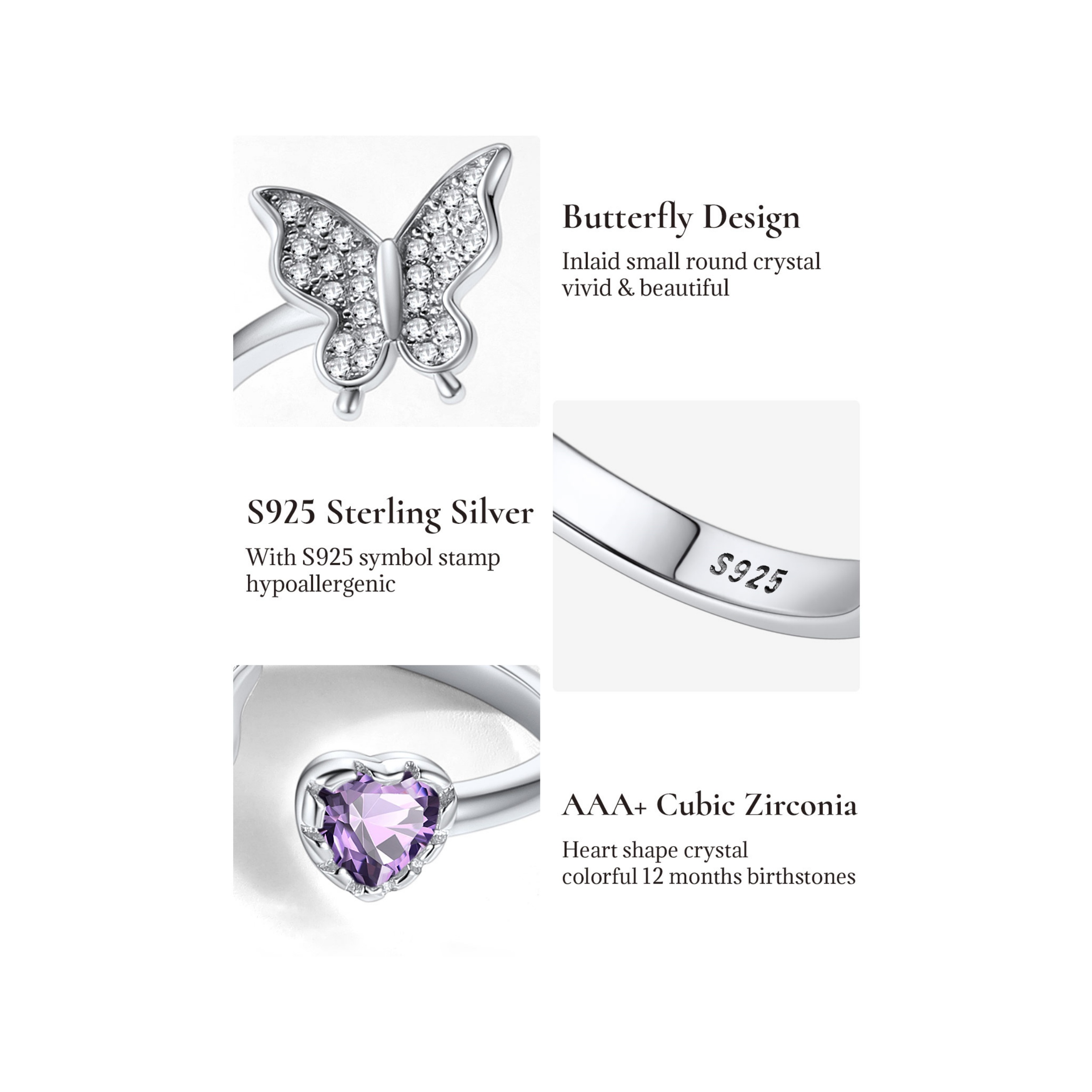 Sterling Silver Butterfly & Heart Birthstone Cubic Zirconia Adjustable Rings