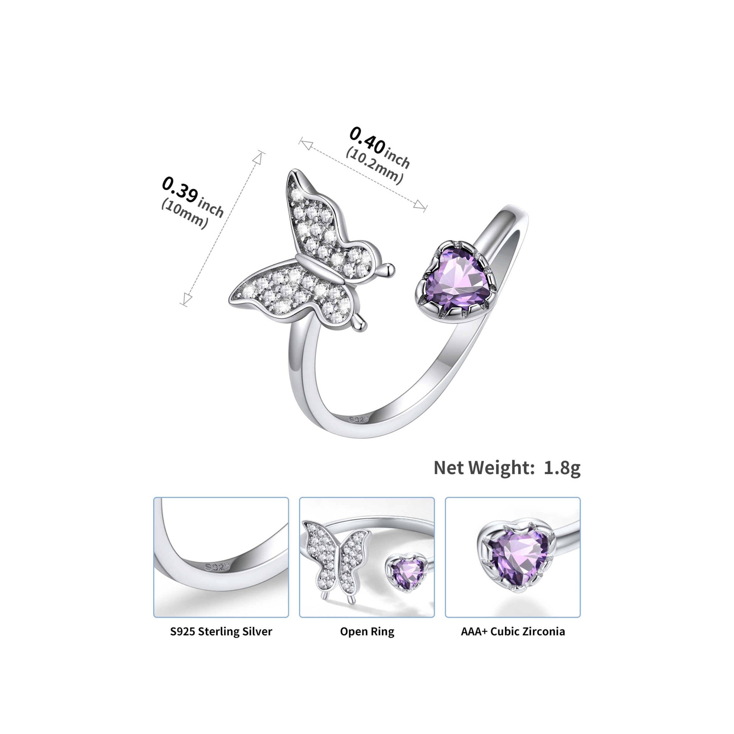 Butterfly & Heart Birthstone Cubic Zirconia Adjustable Rings Details: Dimensions, Hypoallergenic, Adjustable size for 6~11