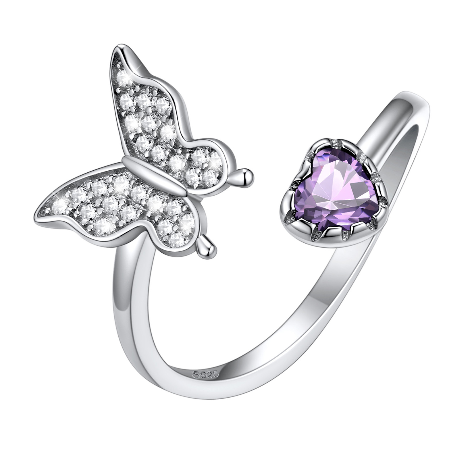 Butterfly & Heart Birthstone Cubic Zirconia Adjustable Rings