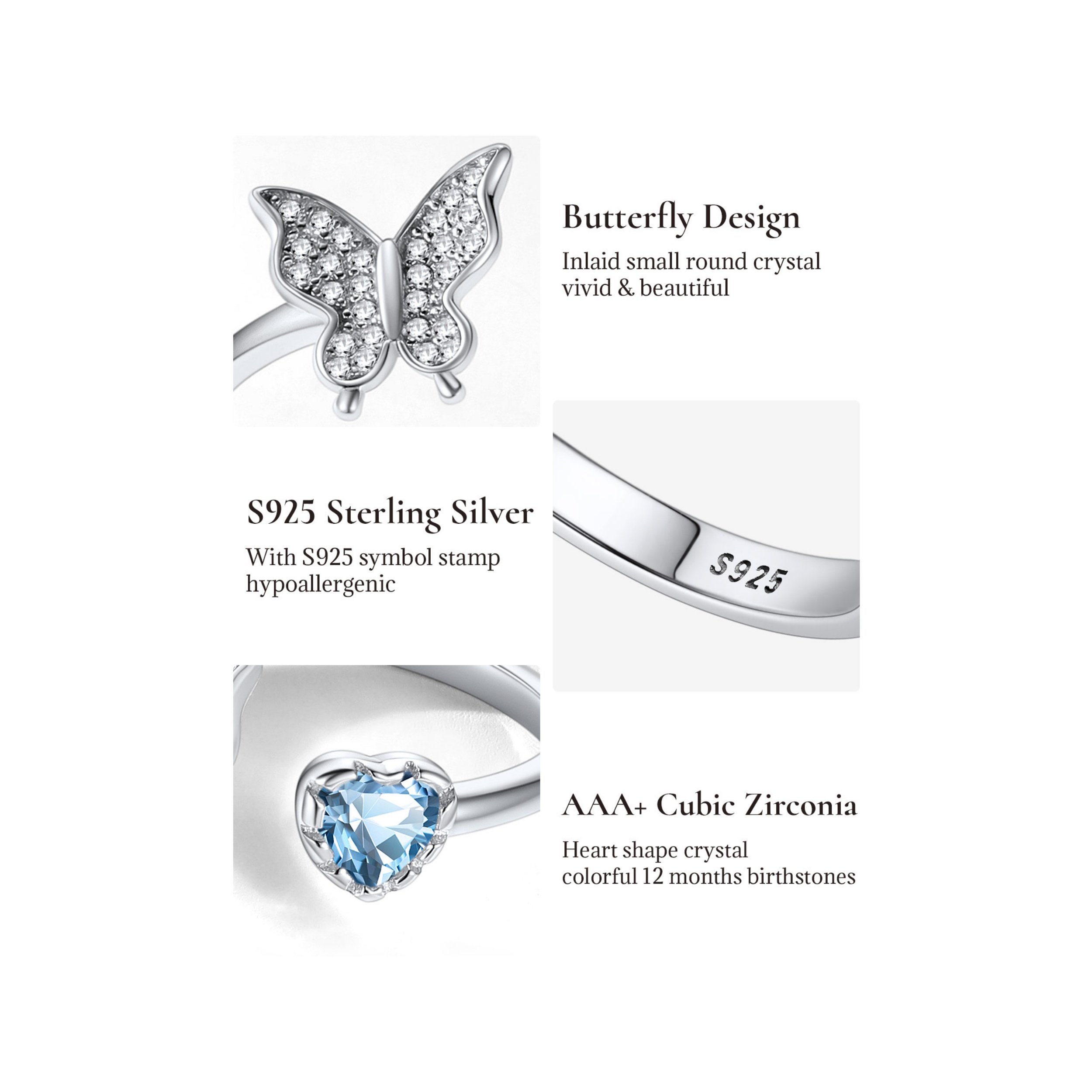 Sterling Silver Butterfly & Heart Birthstone Cubic Zirconia Adjustable Rings