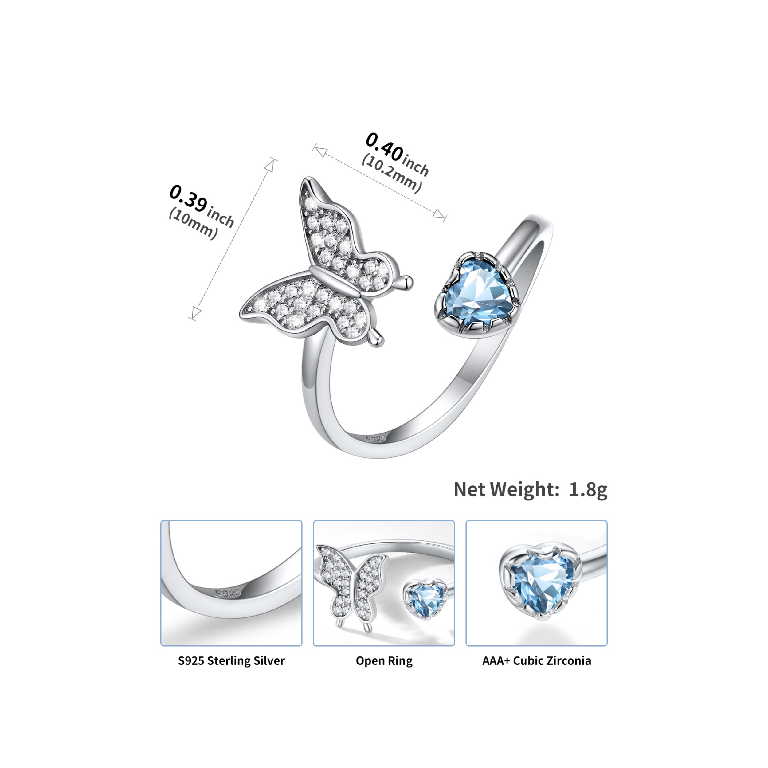 Butterfly & Heart Birthstone Cubic Zirconia Adjustable Rings Details: Dimensions, Hypoallergenic, Adjustable size for 6~11