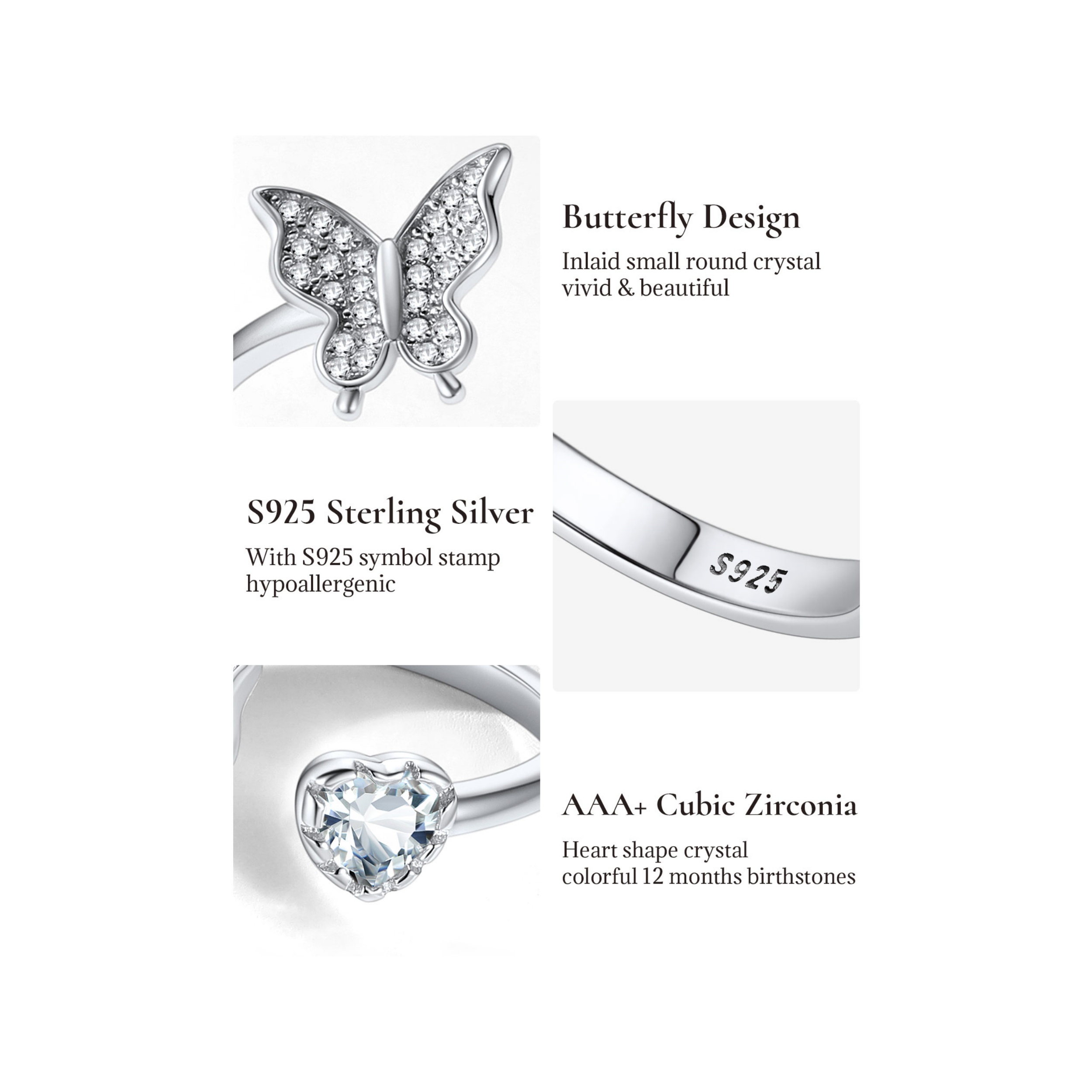 Sterling Silver Butterfly & Heart Birthstone Cubic Zirconia Adjustable Rings