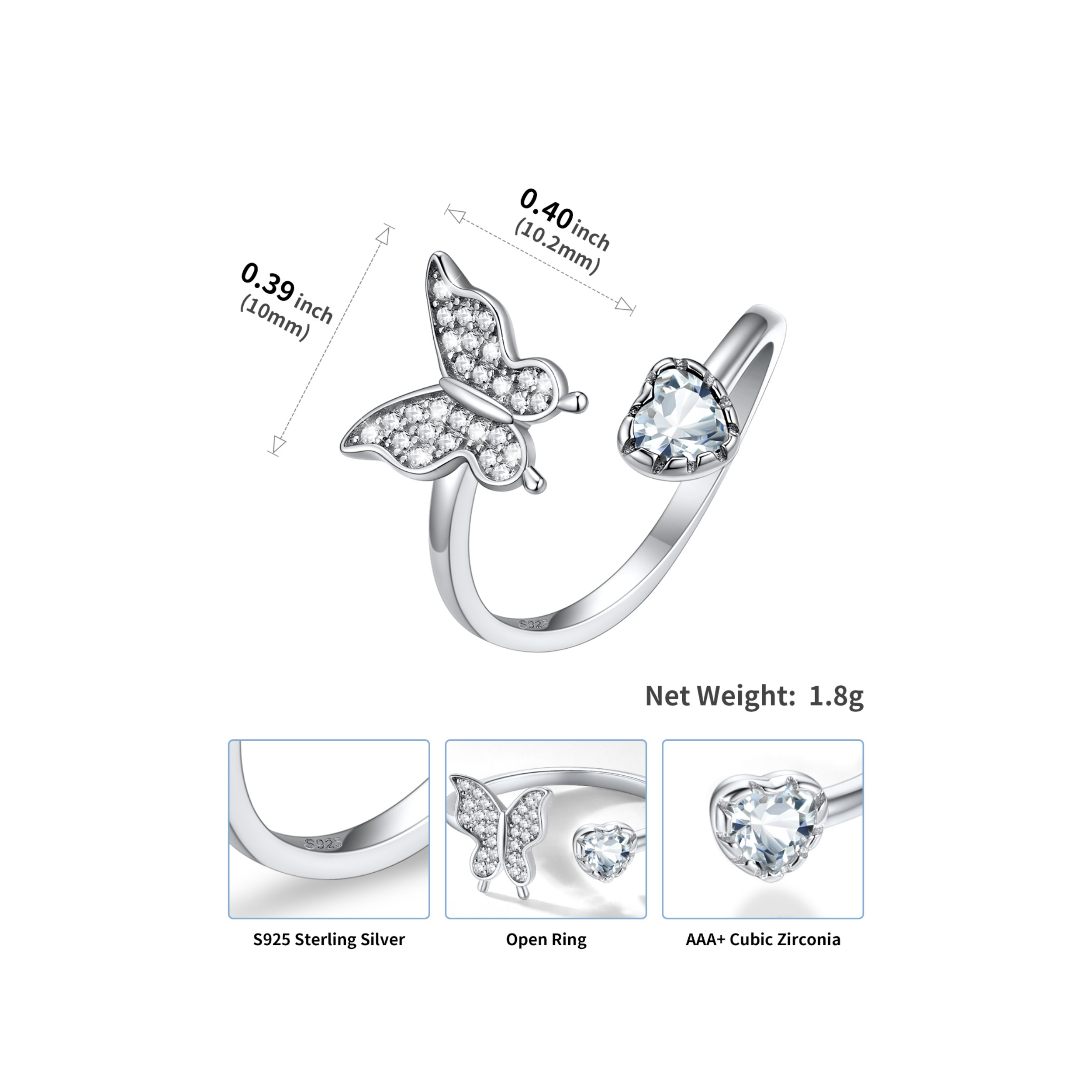 Butterfly & Heart Birthstone Cubic Zirconia Adjustable Rings Details: Dimensions, Hypoallergenic, Adjustable size for 6~11