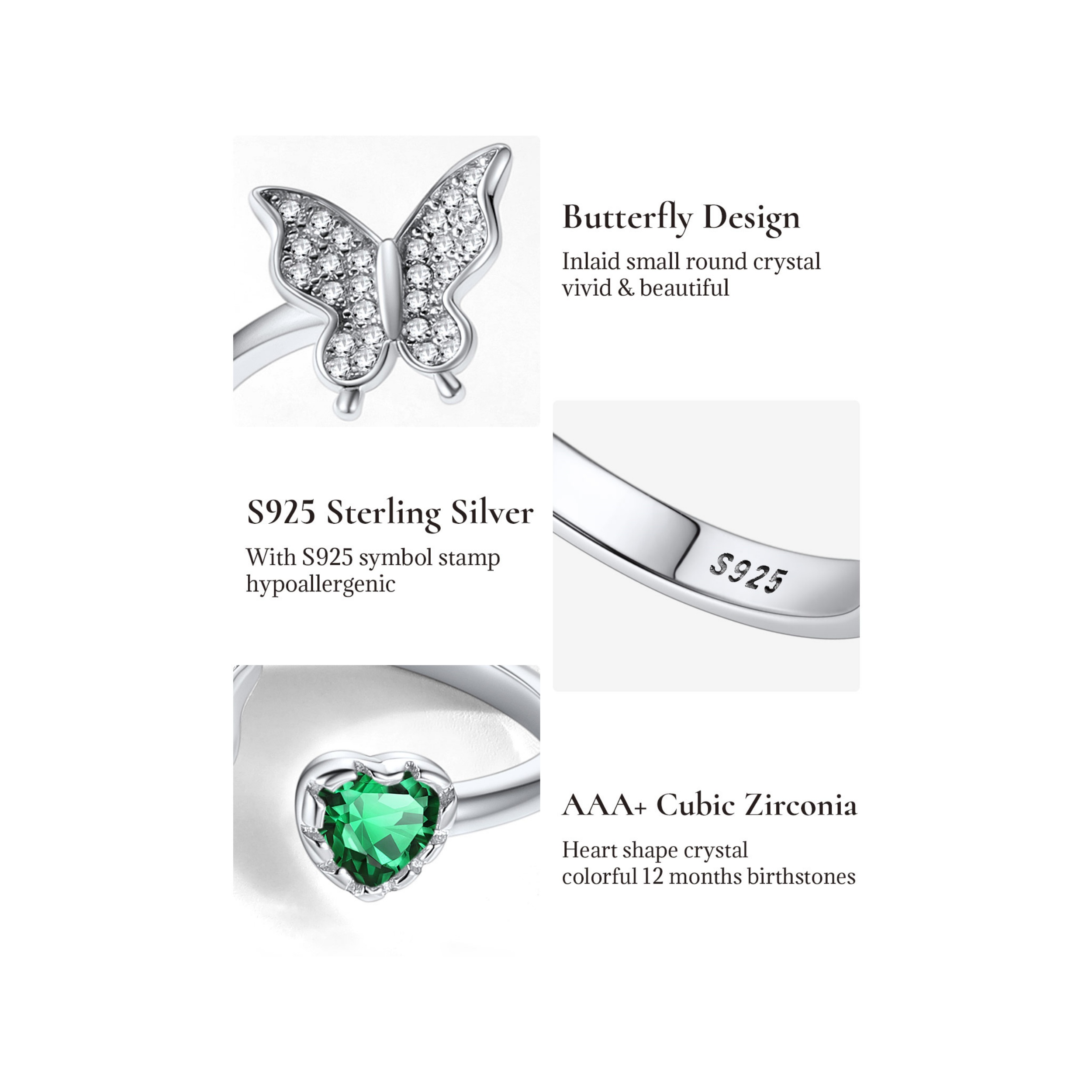 Sterling Silver Butterfly & Heart Birthstone Cubic Zirconia Adjustable Rings