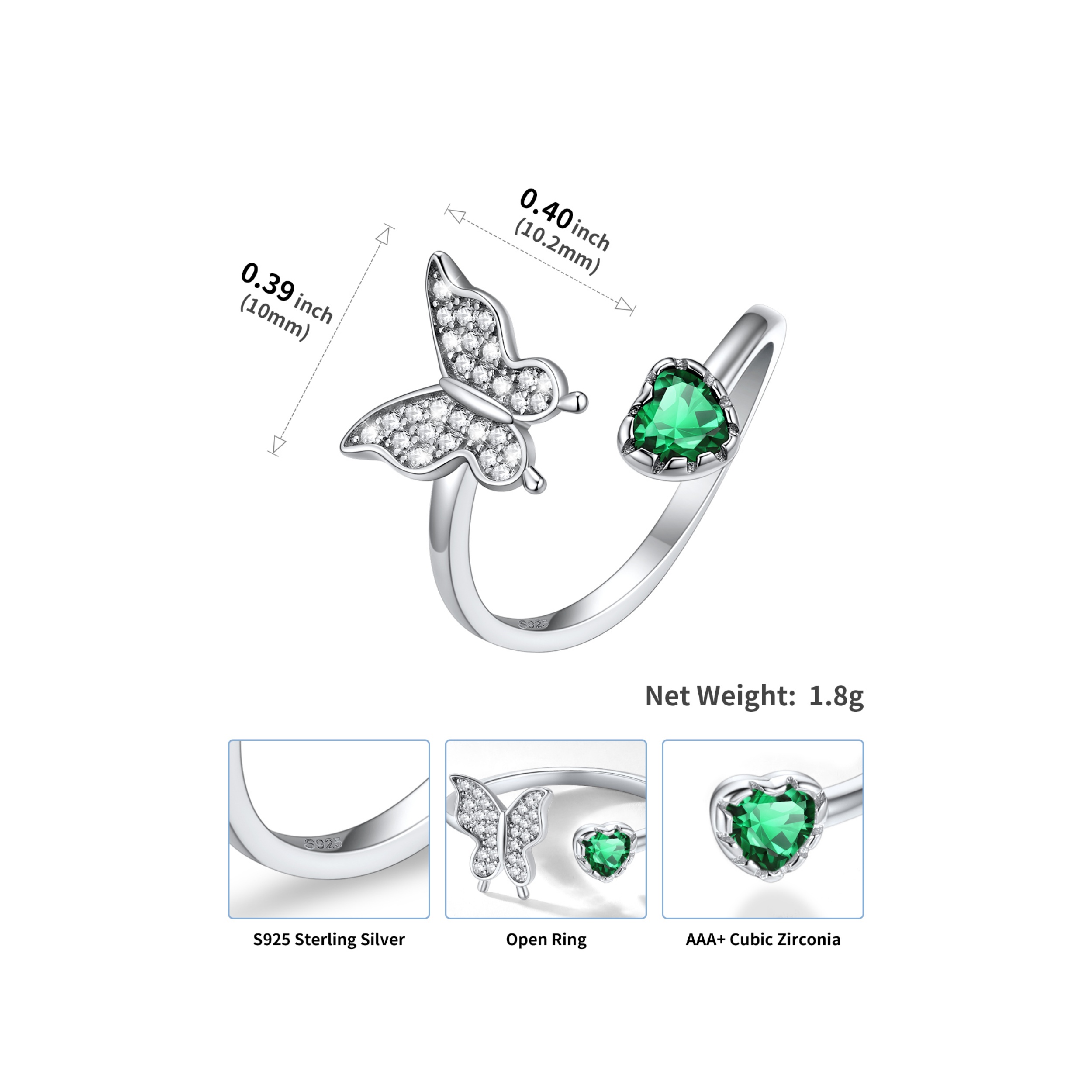 Butterfly & Heart Birthstone Cubic Zirconia Adjustable Rings Details: Dimensions, Hypoallergenic, Adjustable size for 6~11
