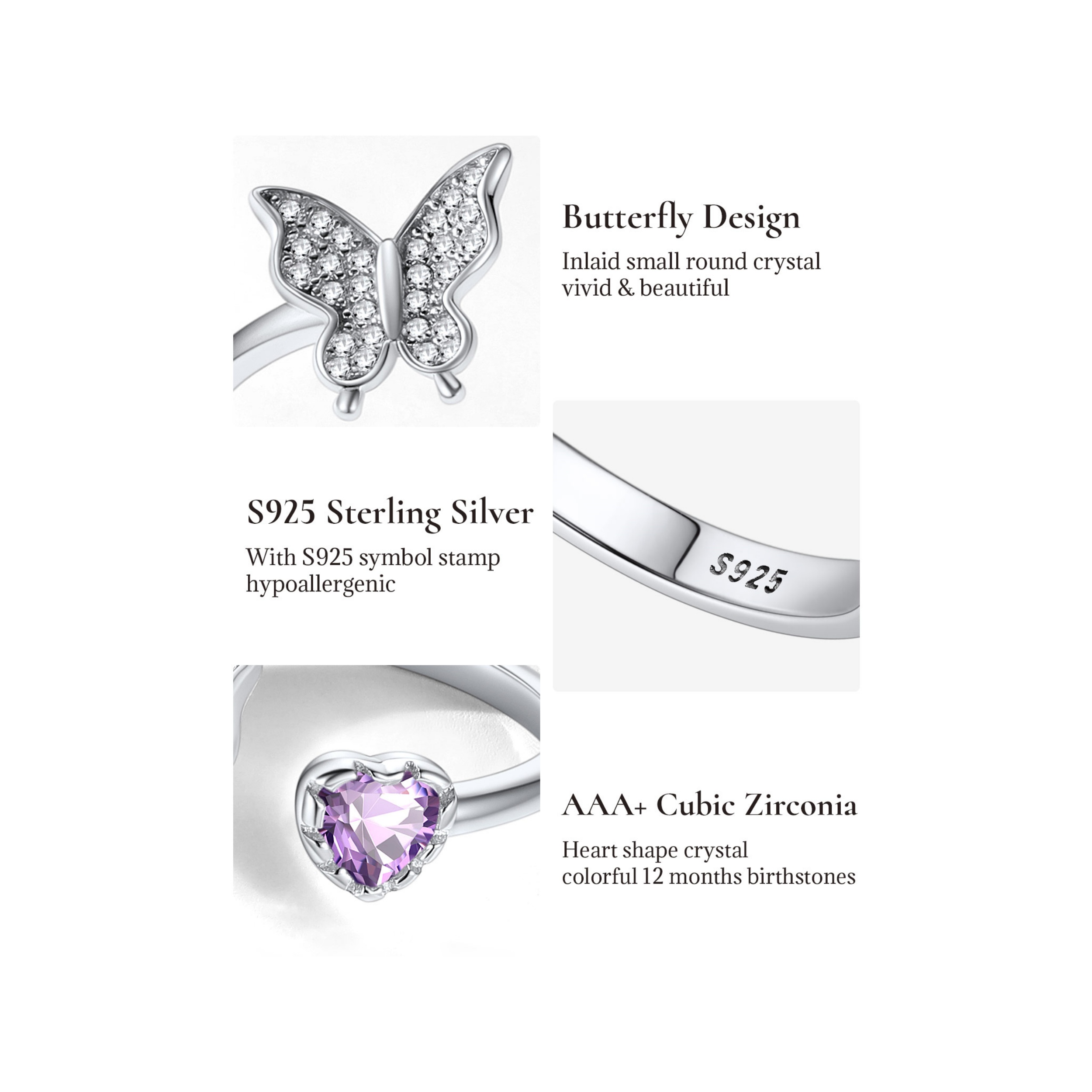 Sterling Silver Butterfly & Heart Birthstone Cubic Zirconia Adjustable Rings