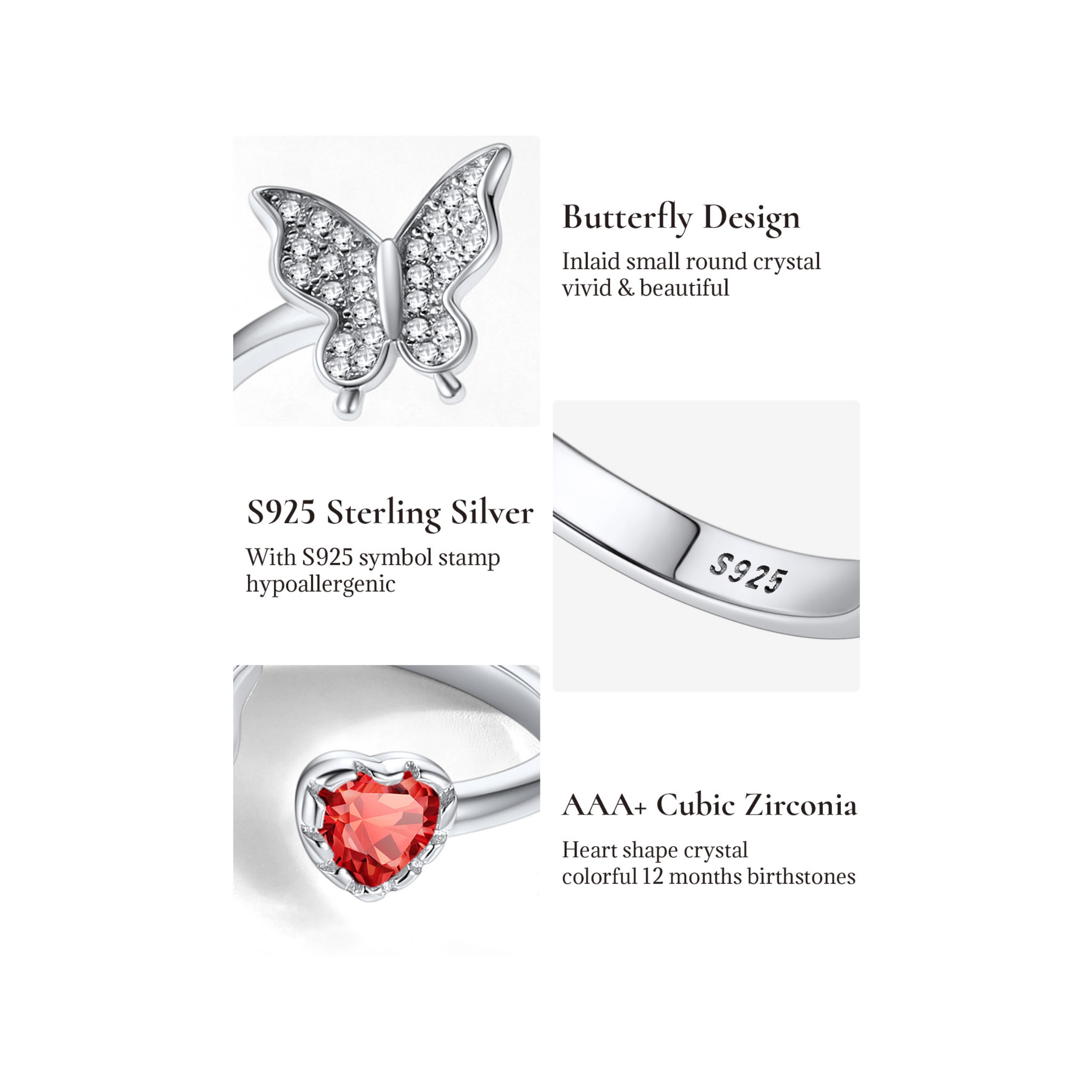 Sterling Silver Butterfly & Heart Birthstone Cubic Zirconia Adjustable Rings