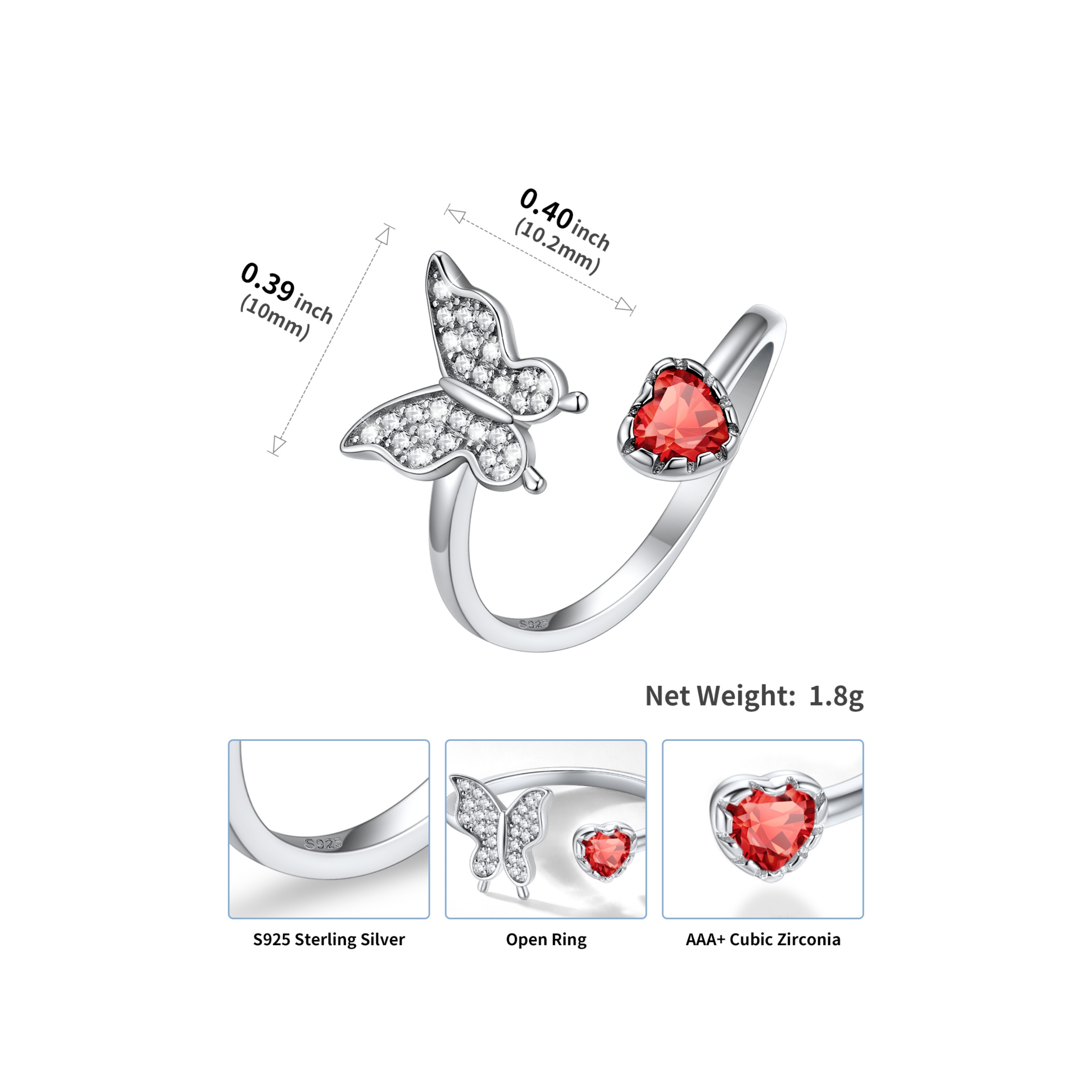 Butterfly & Heart Birthstone Cubic Zirconia Adjustable Rings Details: Dimensions, Hypoallergenic, Adjustable size for 6~11