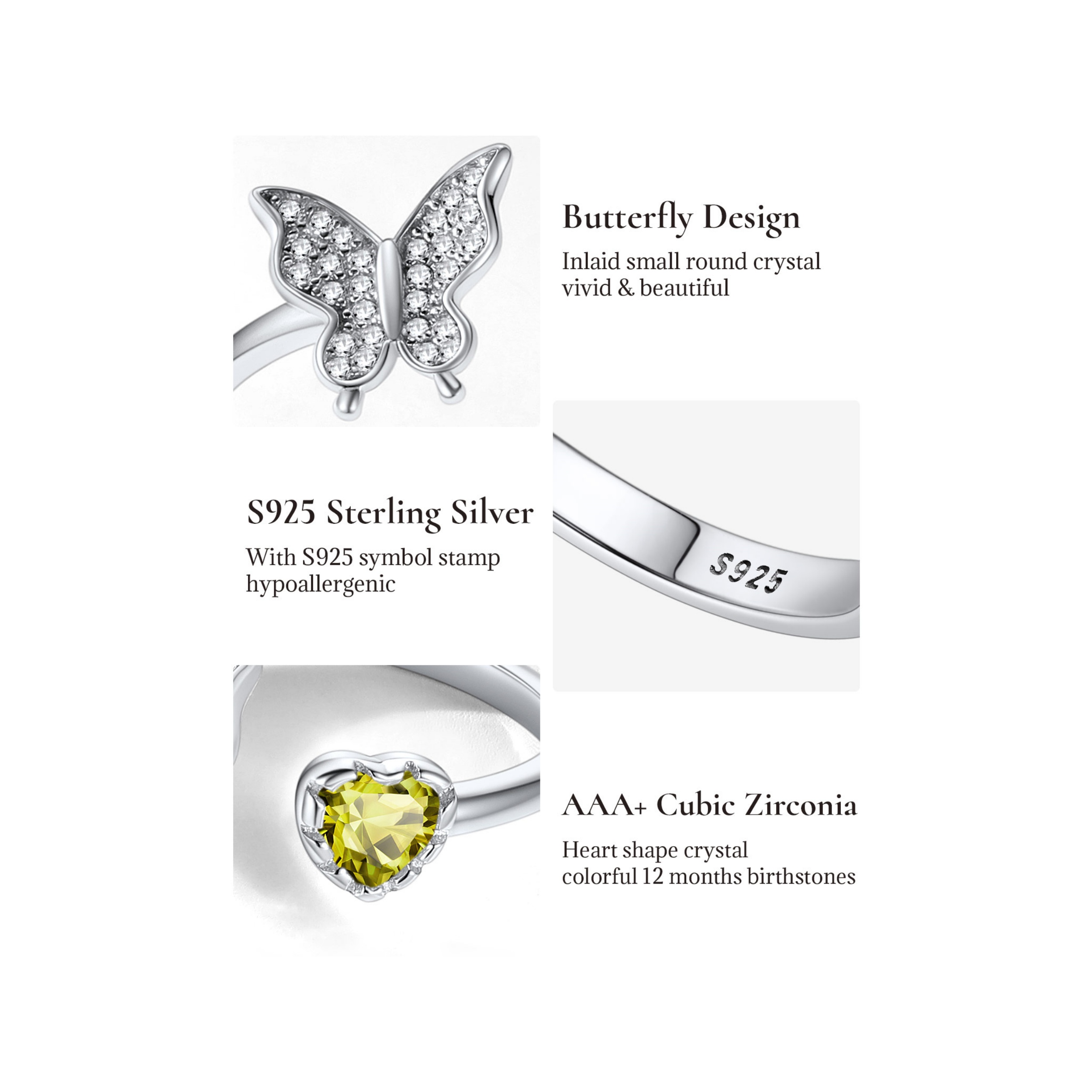 Sterling Silver Butterfly & Heart Birthstone Cubic Zirconia Adjustable Rings