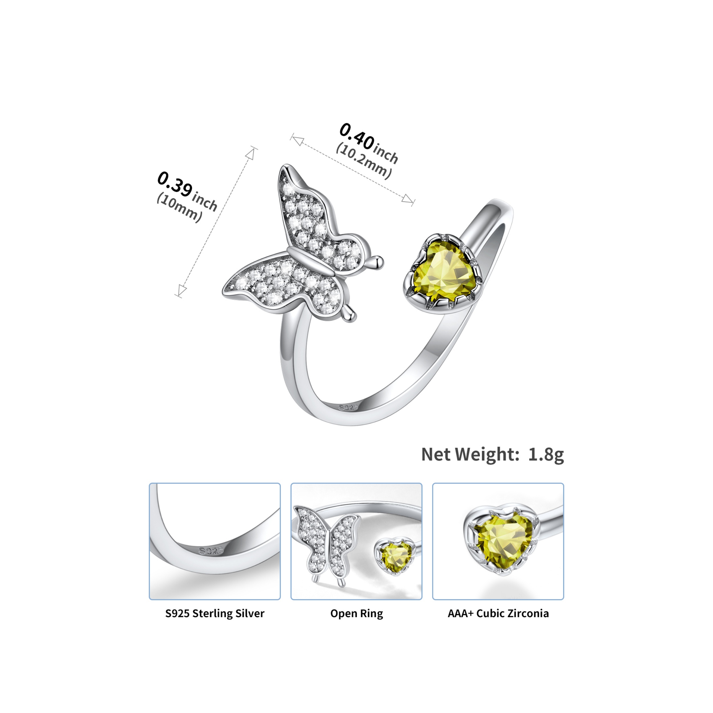 Butterfly & Heart Birthstone Cubic Zirconia Adjustable Rings Details: Dimensions, Hypoallergenic, Adjustable size for 6~11