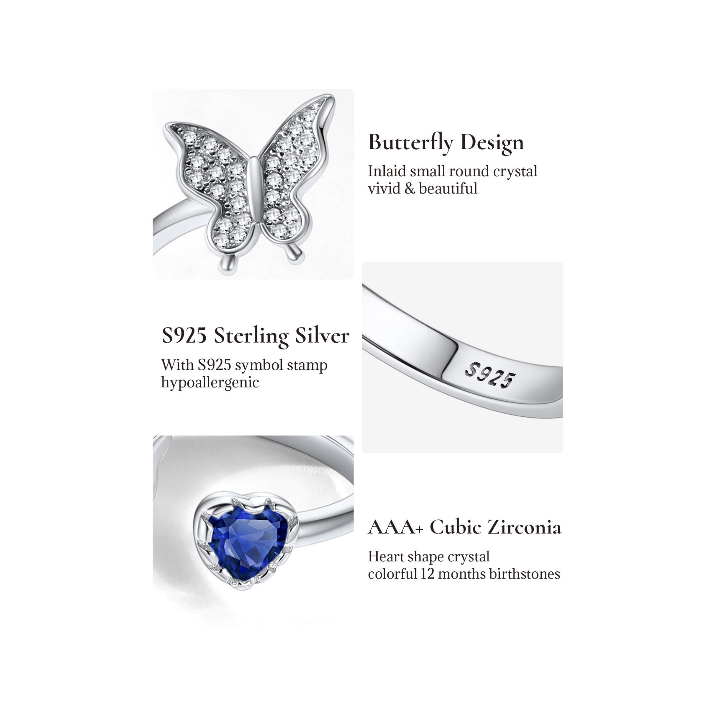 Sterling Silver Butterfly & Heart Birthstone Cubic Zirconia Adjustable Rings