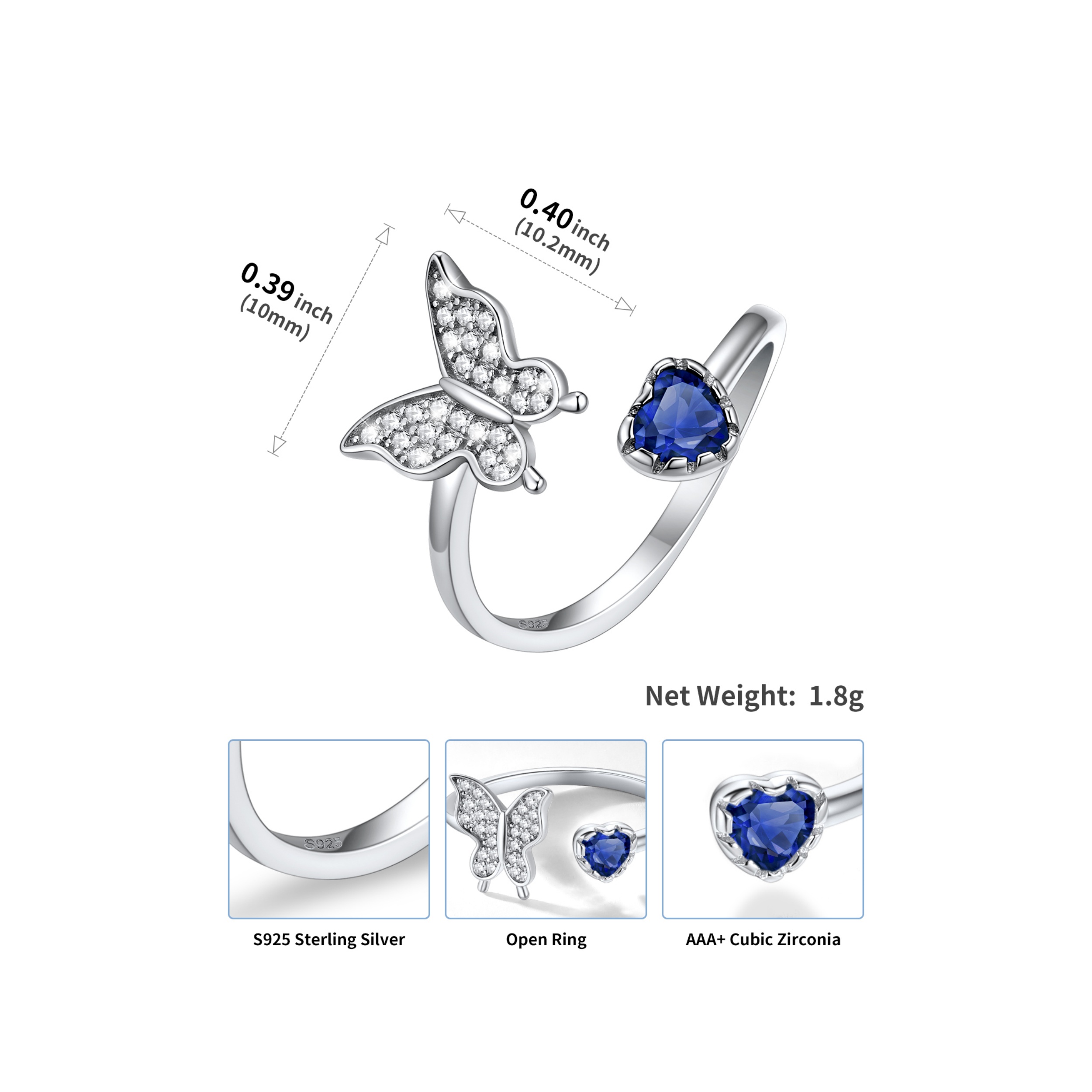 Butterfly & Heart Birthstone Cubic Zirconia Adjustable Rings Details: Dimensions, Hypoallergenic, Adjustable size for 6~11