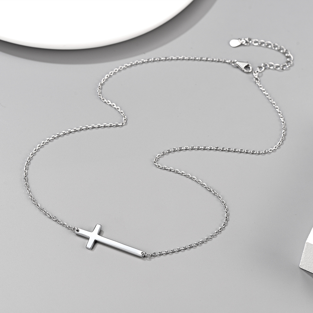 Sideways Cross Pendant Necklace in Silver, Sterling Silver-04