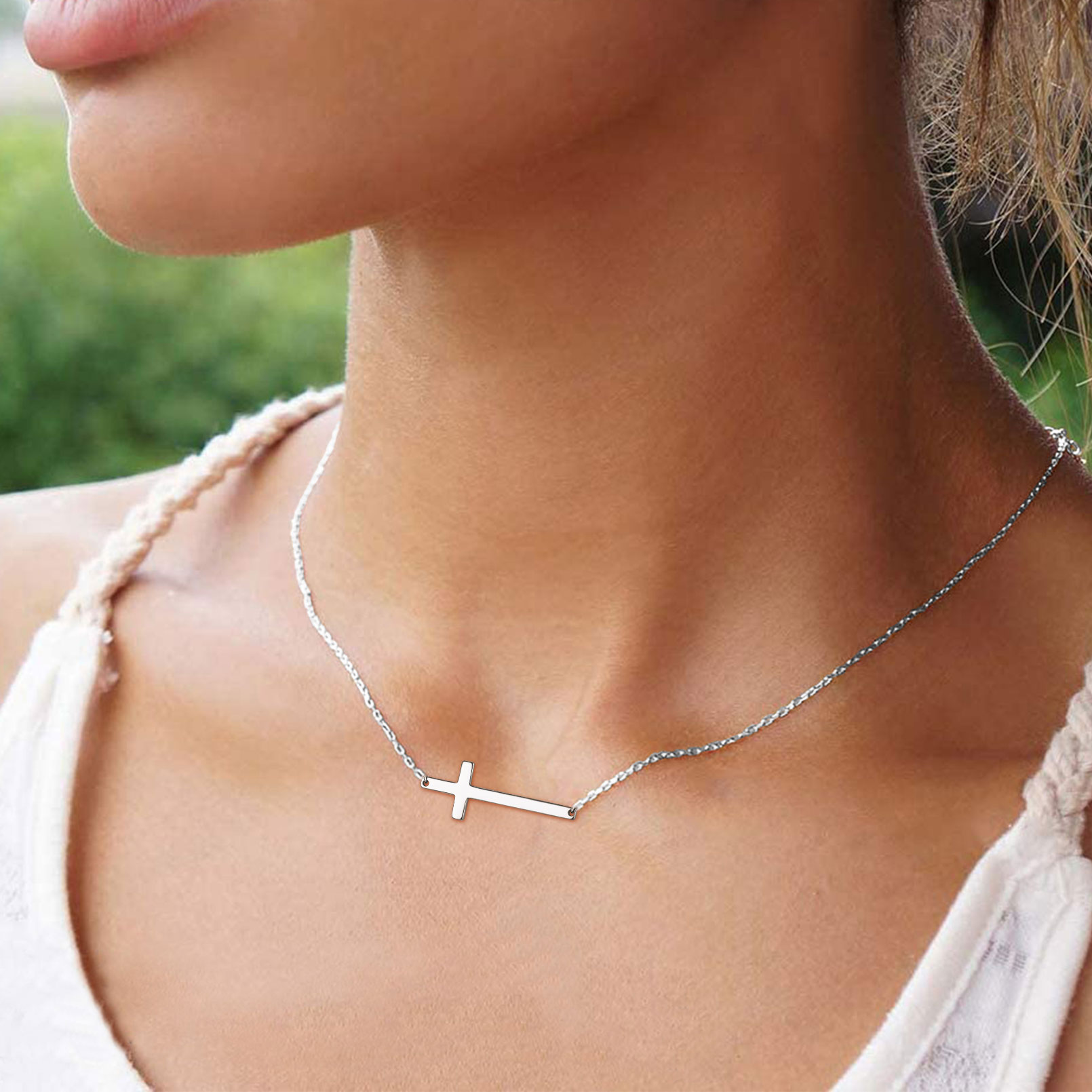 Sideways Cross Pendant Necklace in Silver for Women-01
