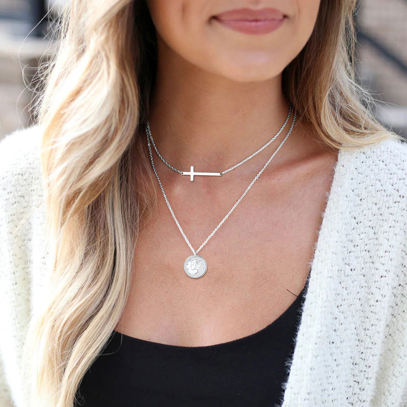 Sideways Cross Pendant Necklace in Silver for Women-02