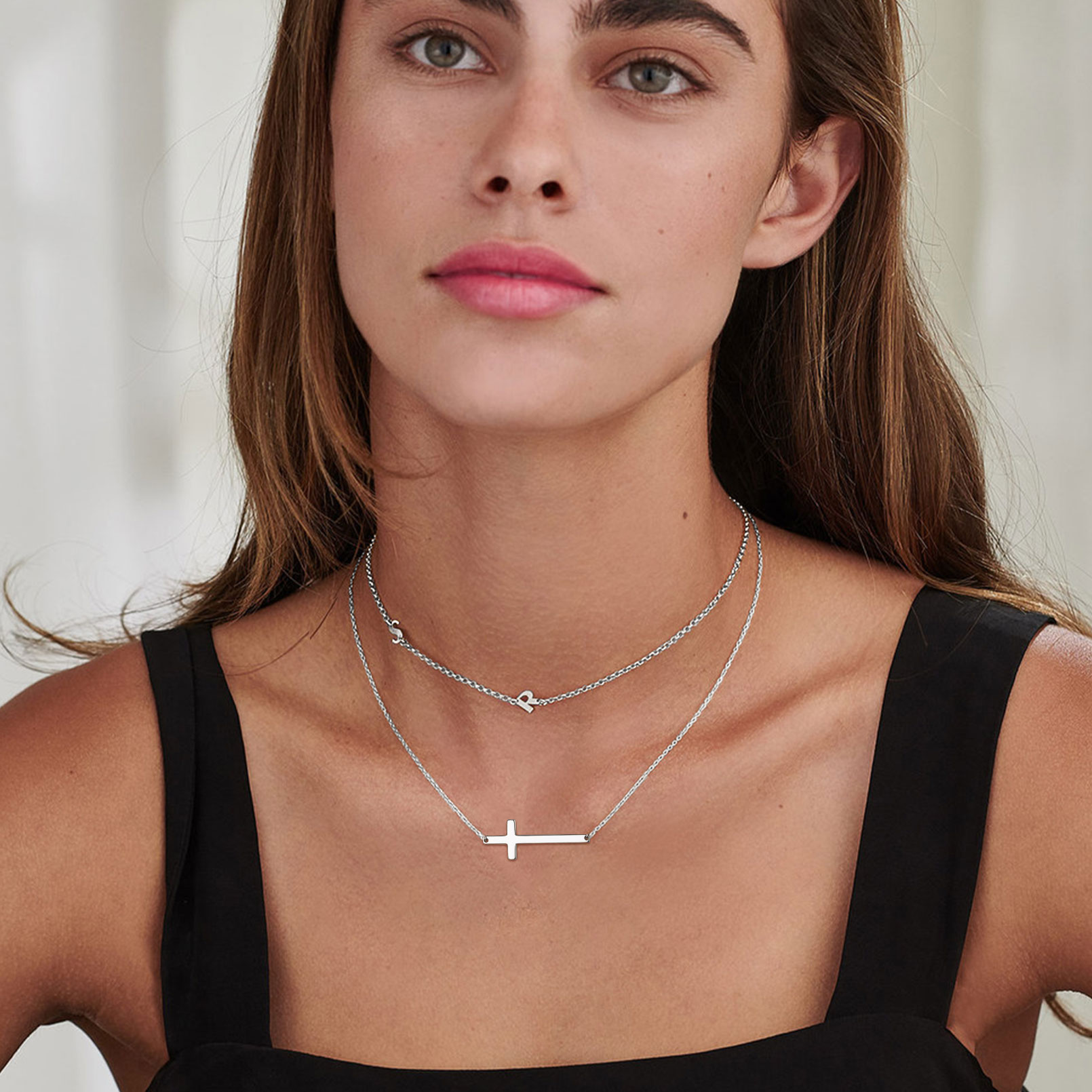 Sideways Cross Pendant Necklace in Silver for Women-03
