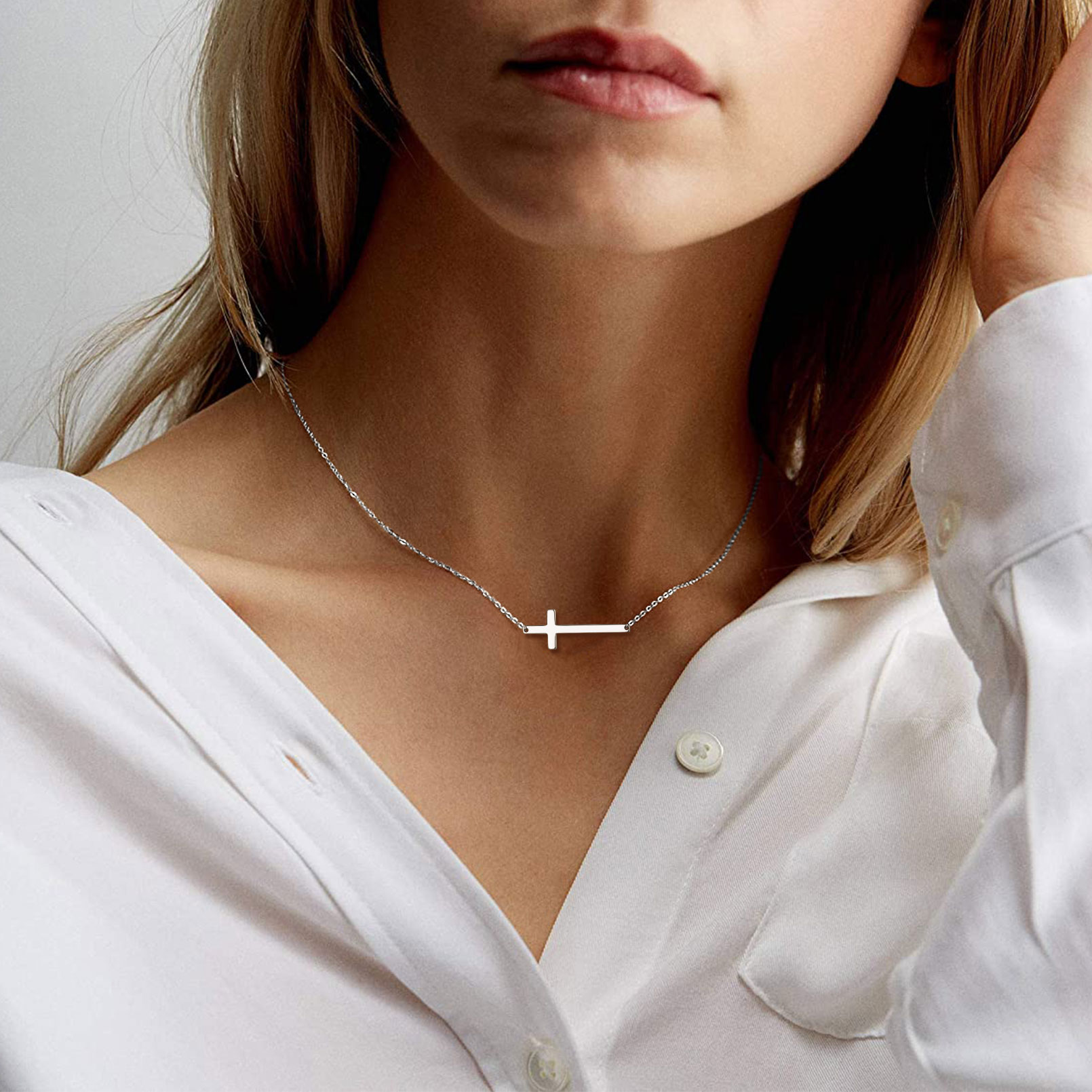 Sideways Cross Pendant Necklace in Silver for Women-04