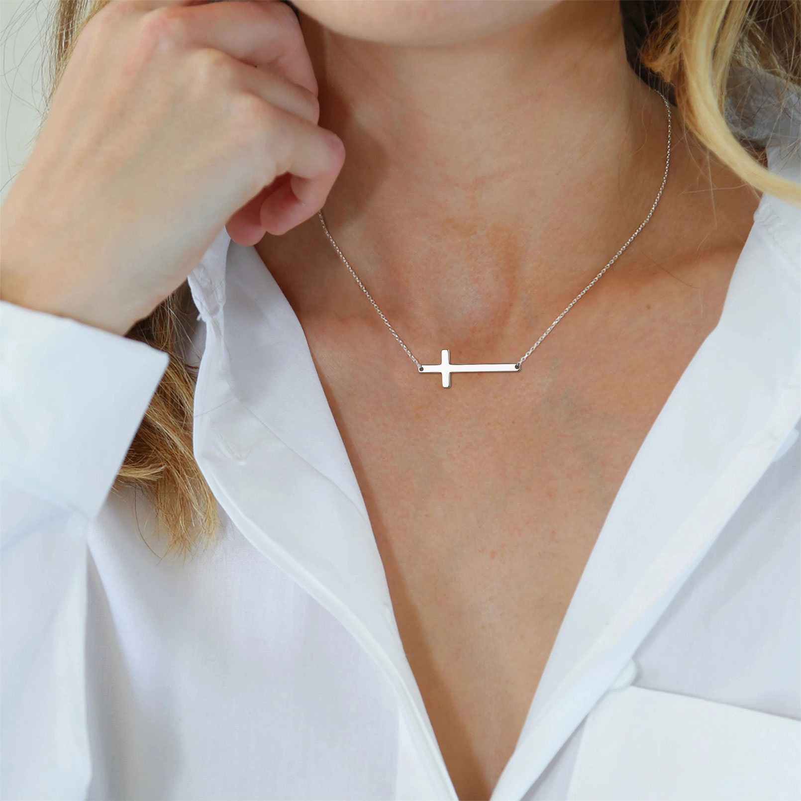 Sideways Cross Pendant Necklace in Silver for Women-05