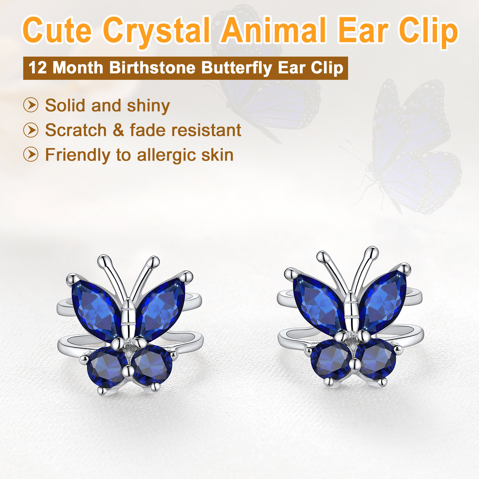 Silver Birthstone Butterfly Cuffs Clip-On Earrings For Her
