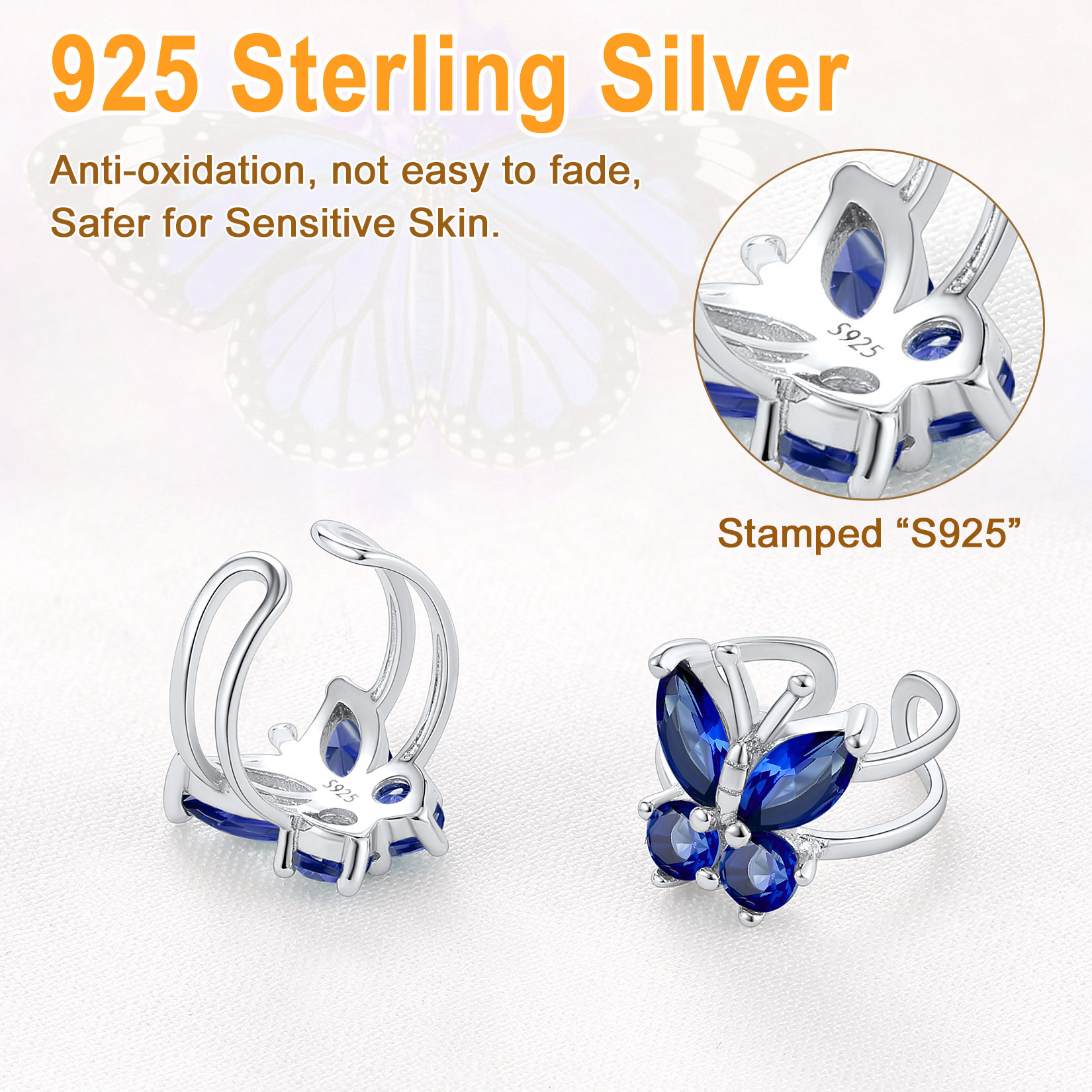 Silver Birthstone Butterfly Cuffs Clip-On Earrings For Her