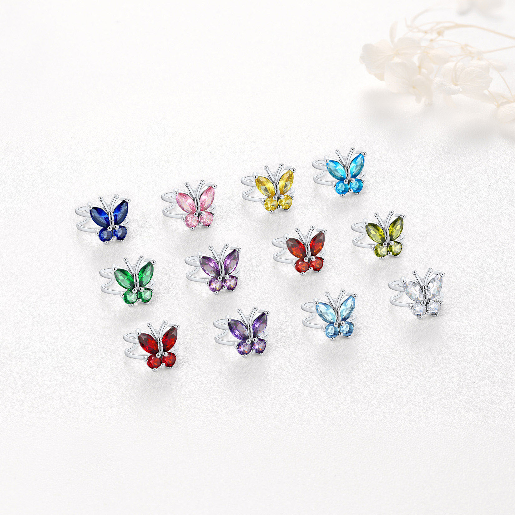 Silver Birthstone Butterfly Cuffs Clip-On Earrings For Her