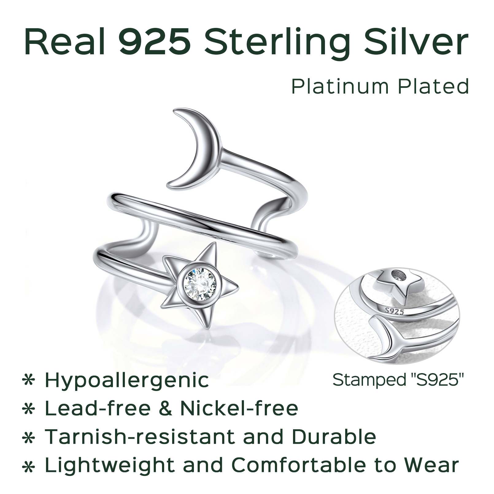 Star & Moon Non Piercing Clip on Cartilage Cuff Earrings