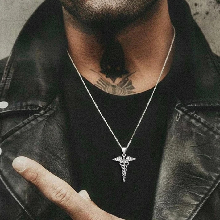 Sterling Silver Caduceus Cross Pendant Necklace for Men