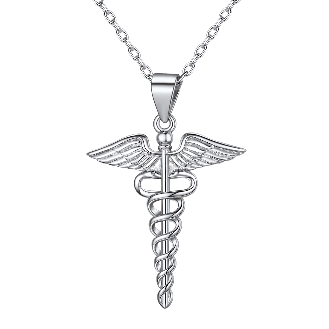 Sterling Silver Caduceus Cross Pendant Necklace