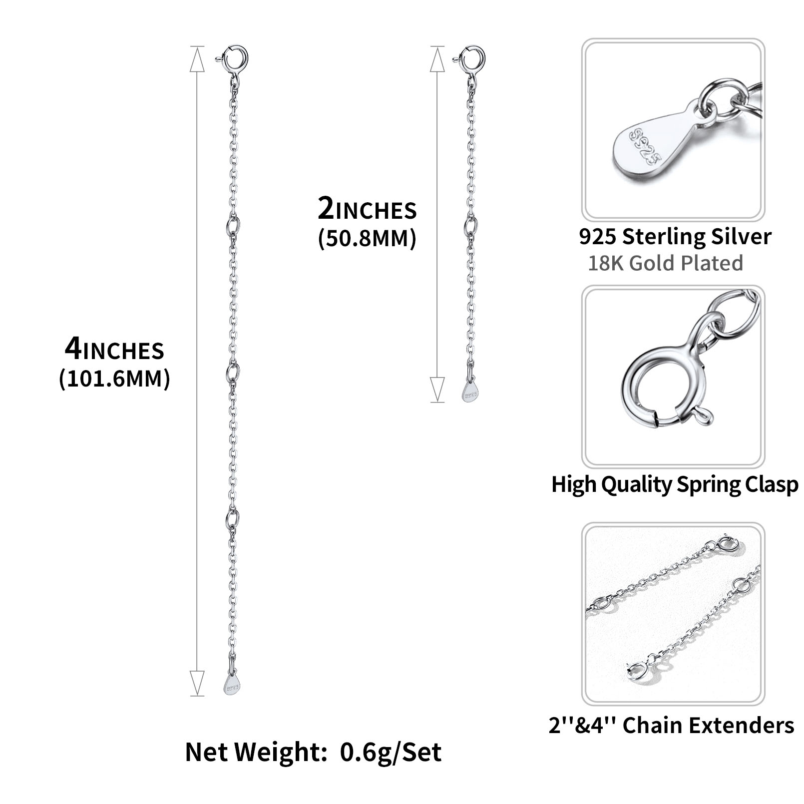 Sterling Silver Chain Extender 2"&4" For Women