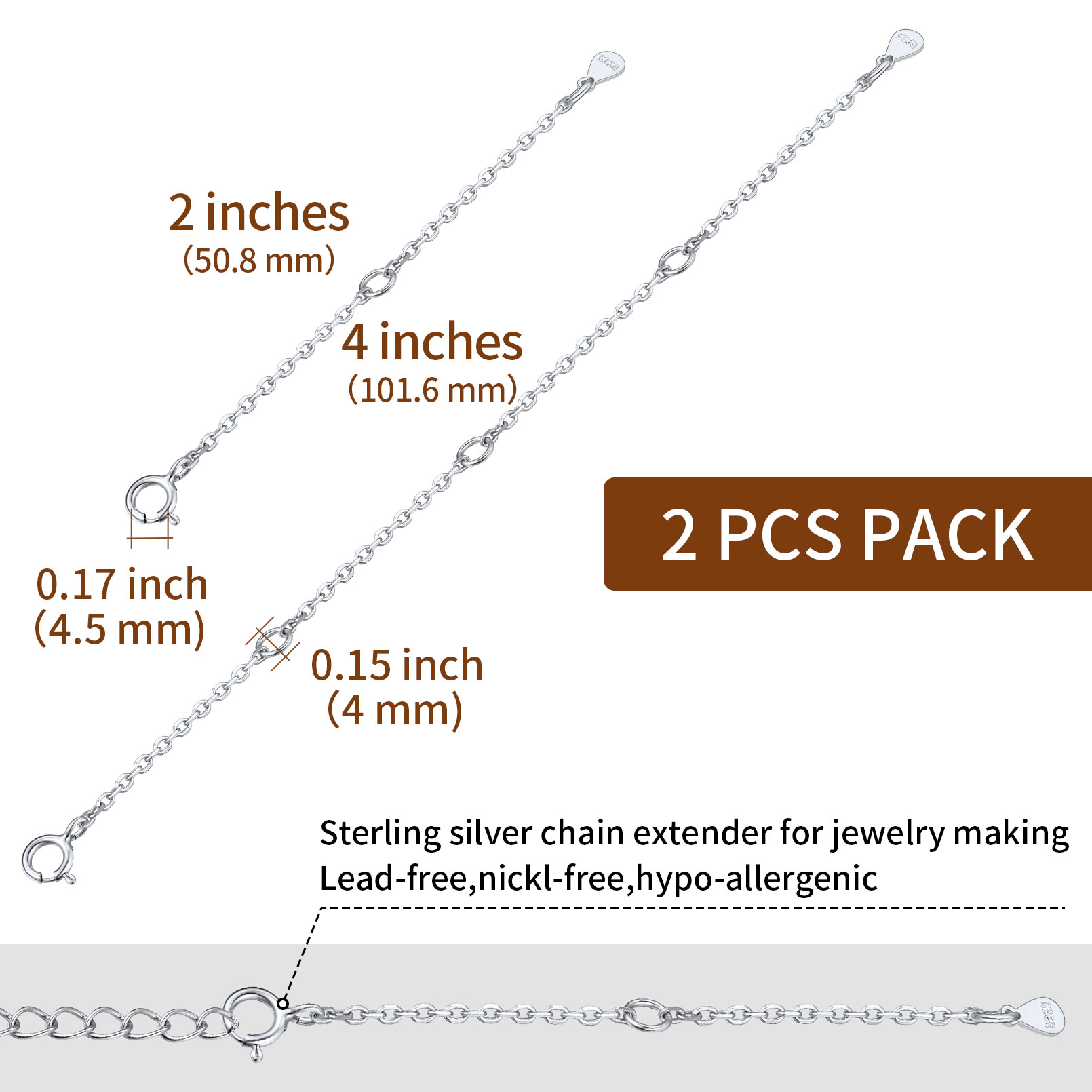 Sterling Silver Chain Extender 2"&4" For Women